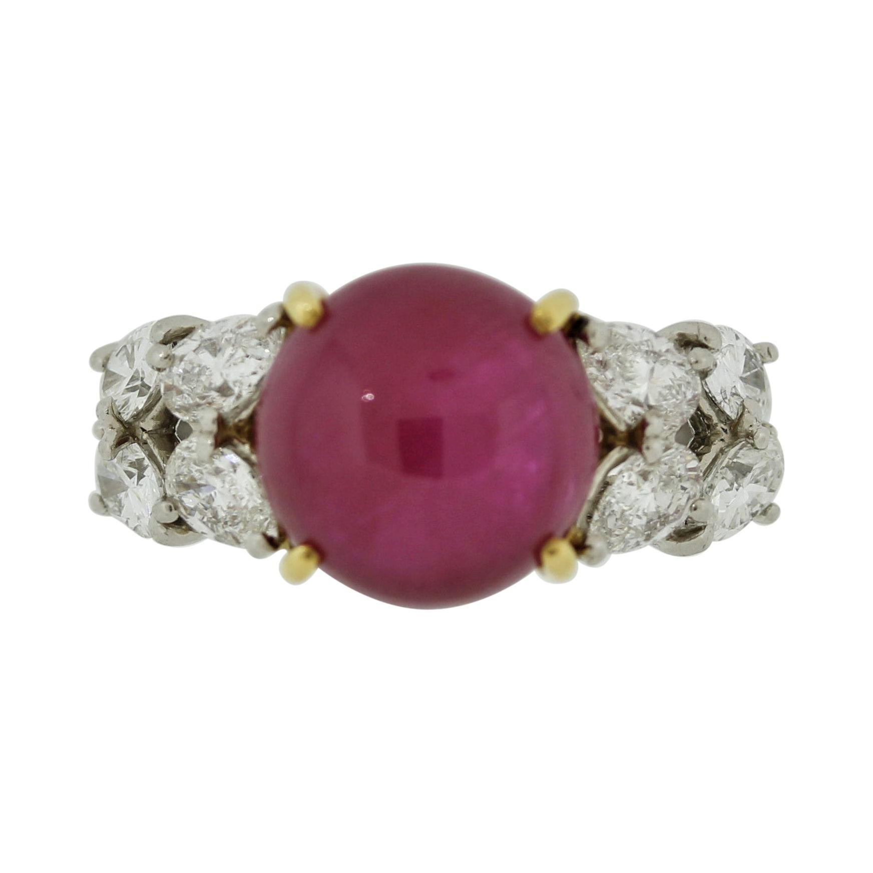 Cabochon Ruby Diamond Gold & Platinum Ring For Sale