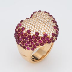 Cabochon Ruby Diamond Heart Ring Estate 18k Yellow Gold Large Cocktail Jewelry