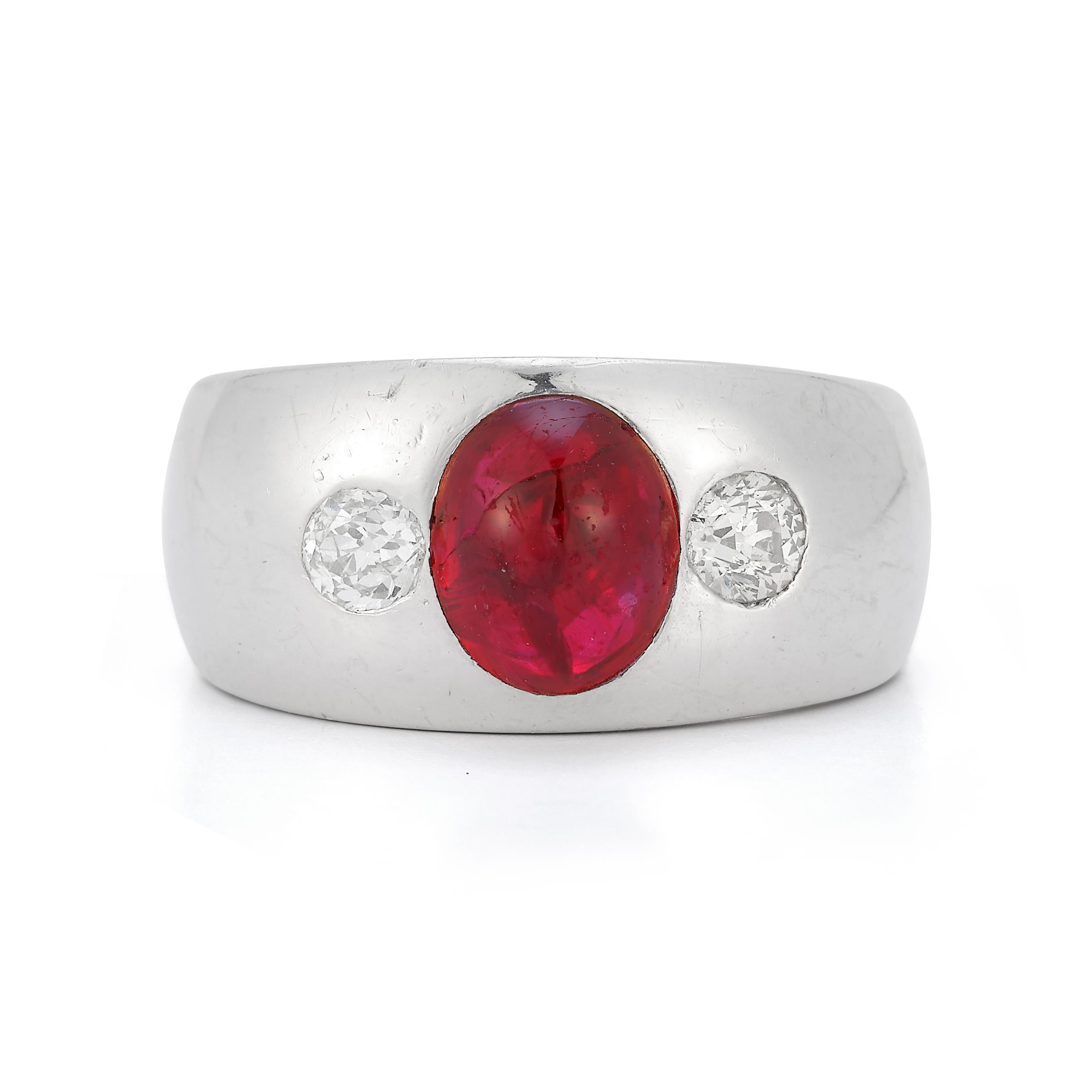 Women's or Men's Cabochon Ruby & Diamond Mens  Ring For Sale