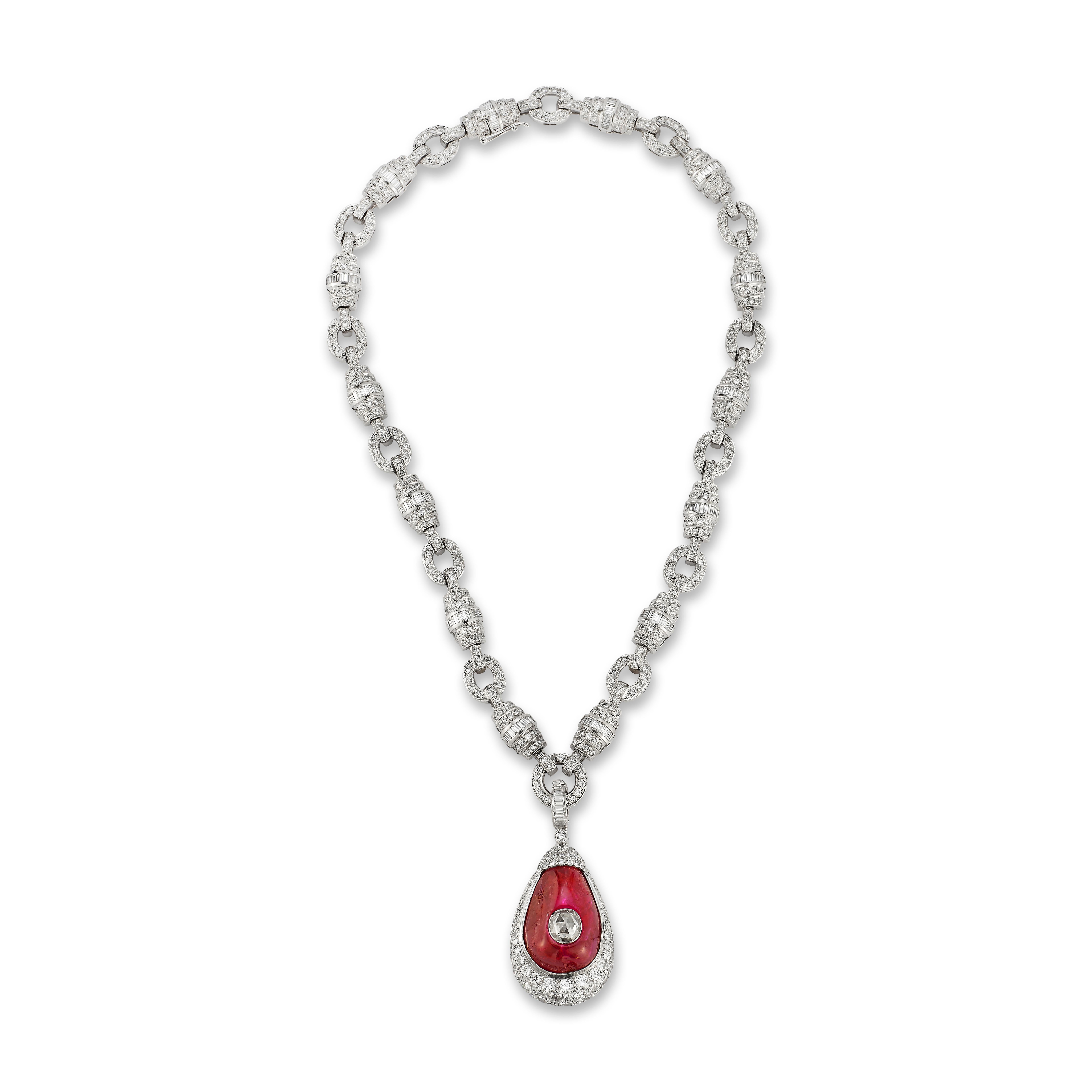 Ruby & Diamond Drop Necklace

A large cabochon ruby drop weighing approximately 53 carats, with a rose cut diamond weighing approximately 1.58 carats set inside the ruby!  Suspended from A 18 karat white gold chain set with brilliant and baguette