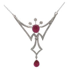Used Cabochon Ruby & Diamond Pendant Necklace