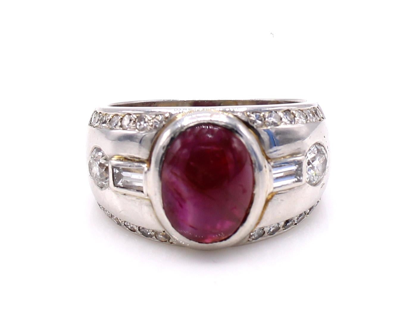 Mixed Cut Cabochon Ruby Diamond Platinum Retro Band Ring For Sale