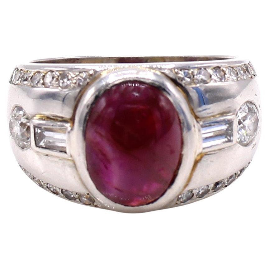 Cabochon Ruby Diamond Platinum Retro Band Ring