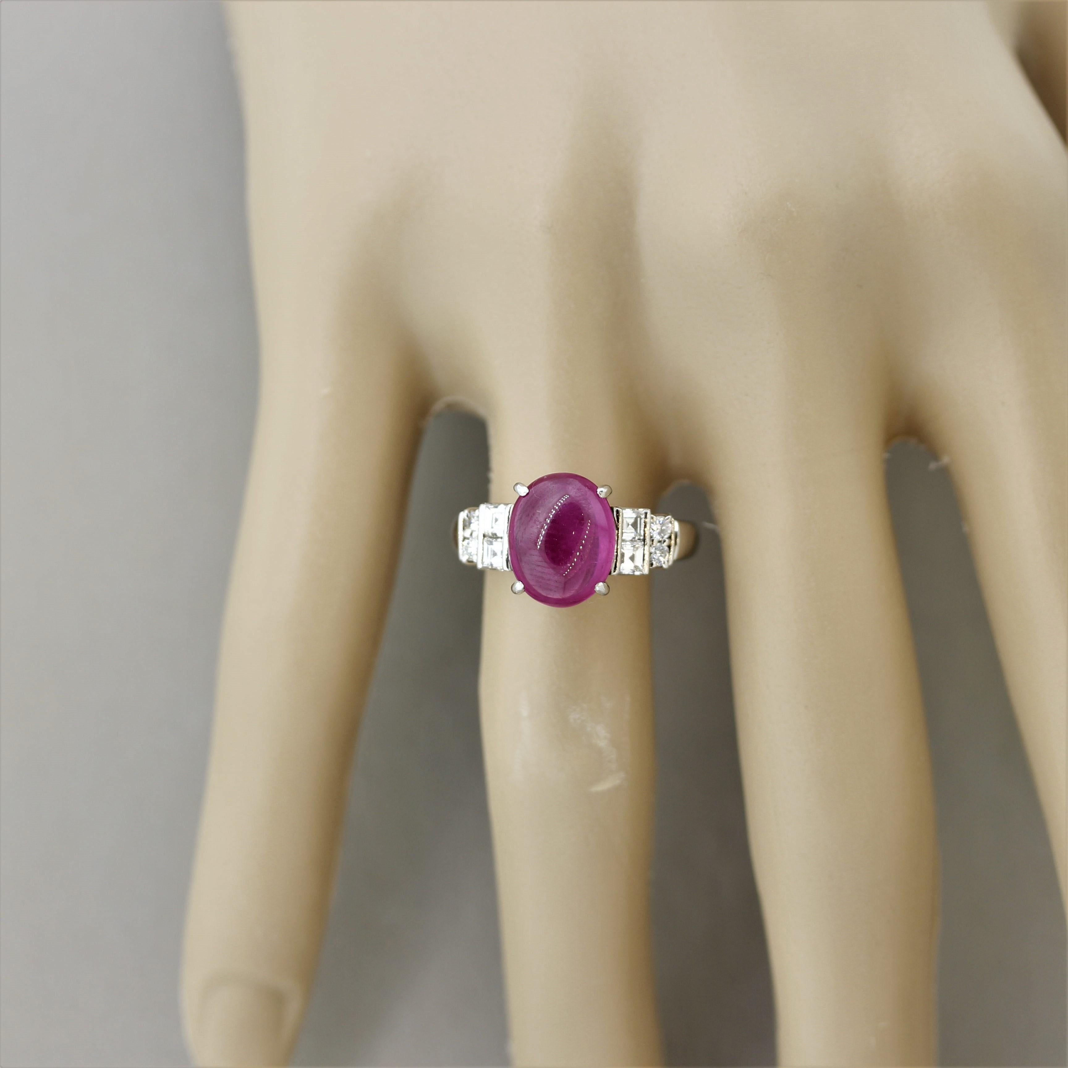 Women's Cabochon Ruby Diamond Platinum Ring For Sale