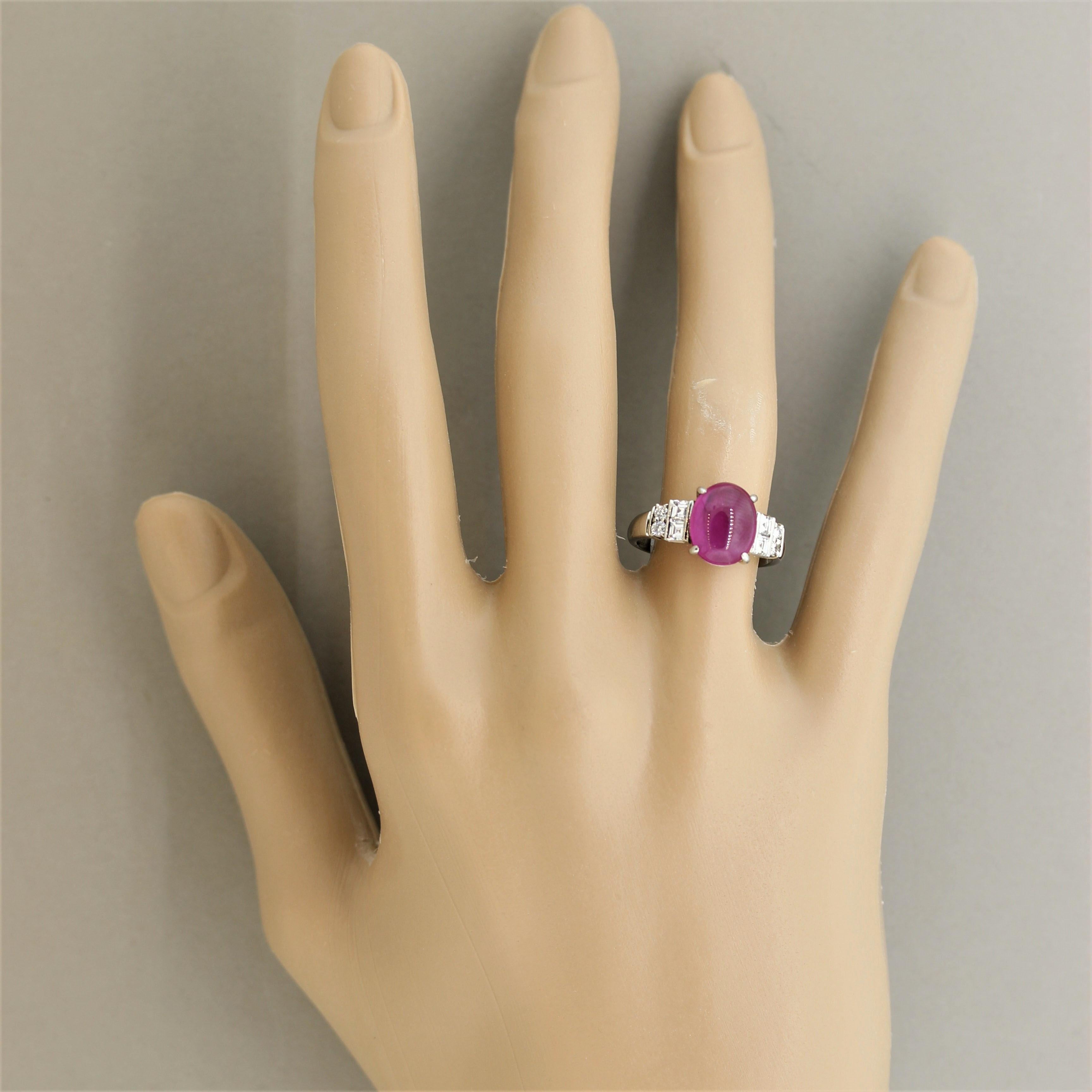 Cabochon Ruby Diamond Platinum Ring For Sale 3