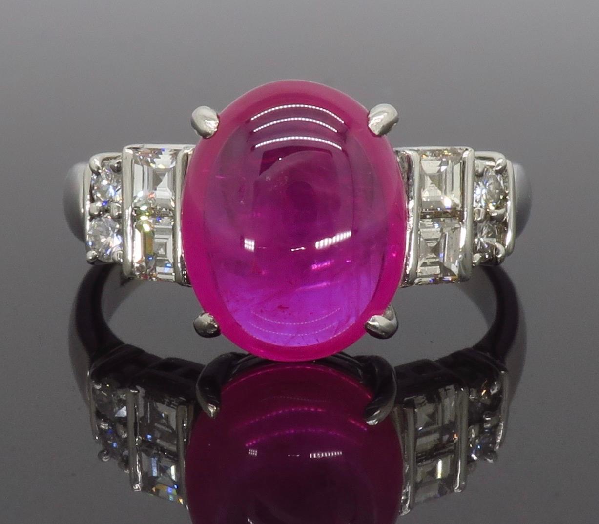 Cabochon Ruby and Diamond Ring in Platinum In Excellent Condition In Webster, NY