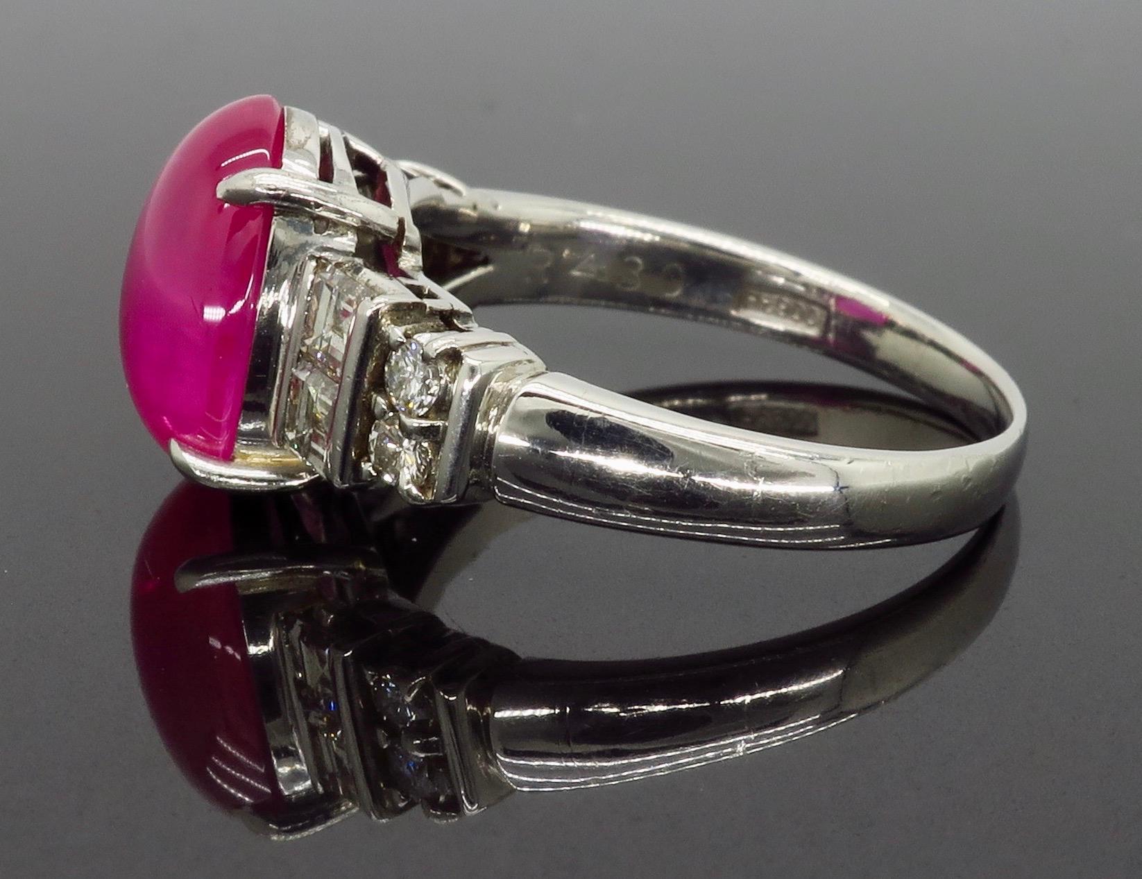 Women's or Men's Cabochon Ruby and Diamond Ring in Platinum