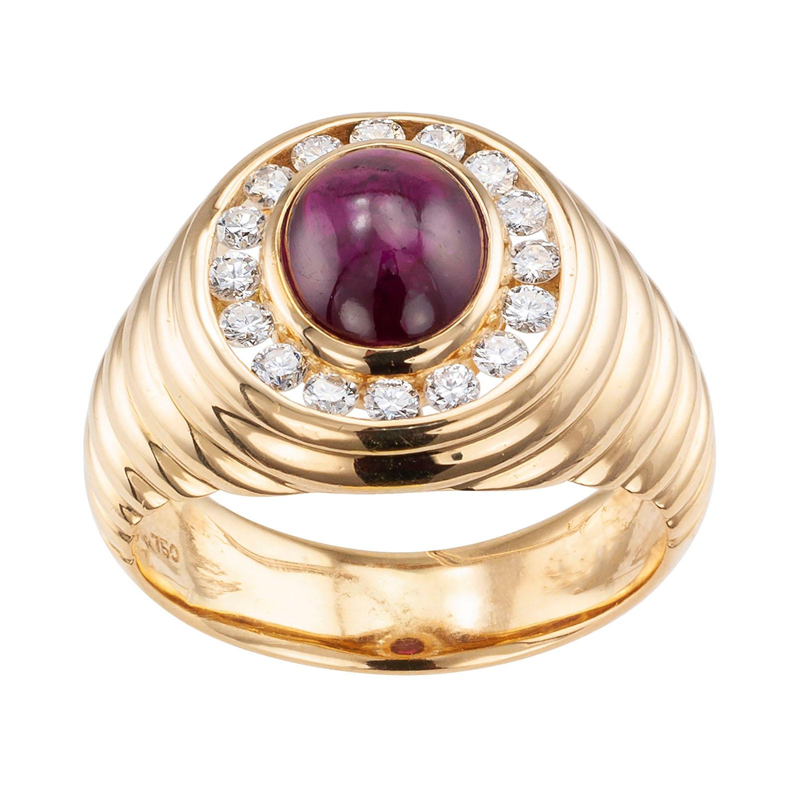Cabochon ruby diamond and gold gentleman’s estate ring.

DETAILS: 
Gentleman’s cabochon ruby diamond and gold estate ring.
DIAMONDS: sixteen round brilliant-cut diamonds totaling approximately 0.40 carat, approximately H – I color and VS