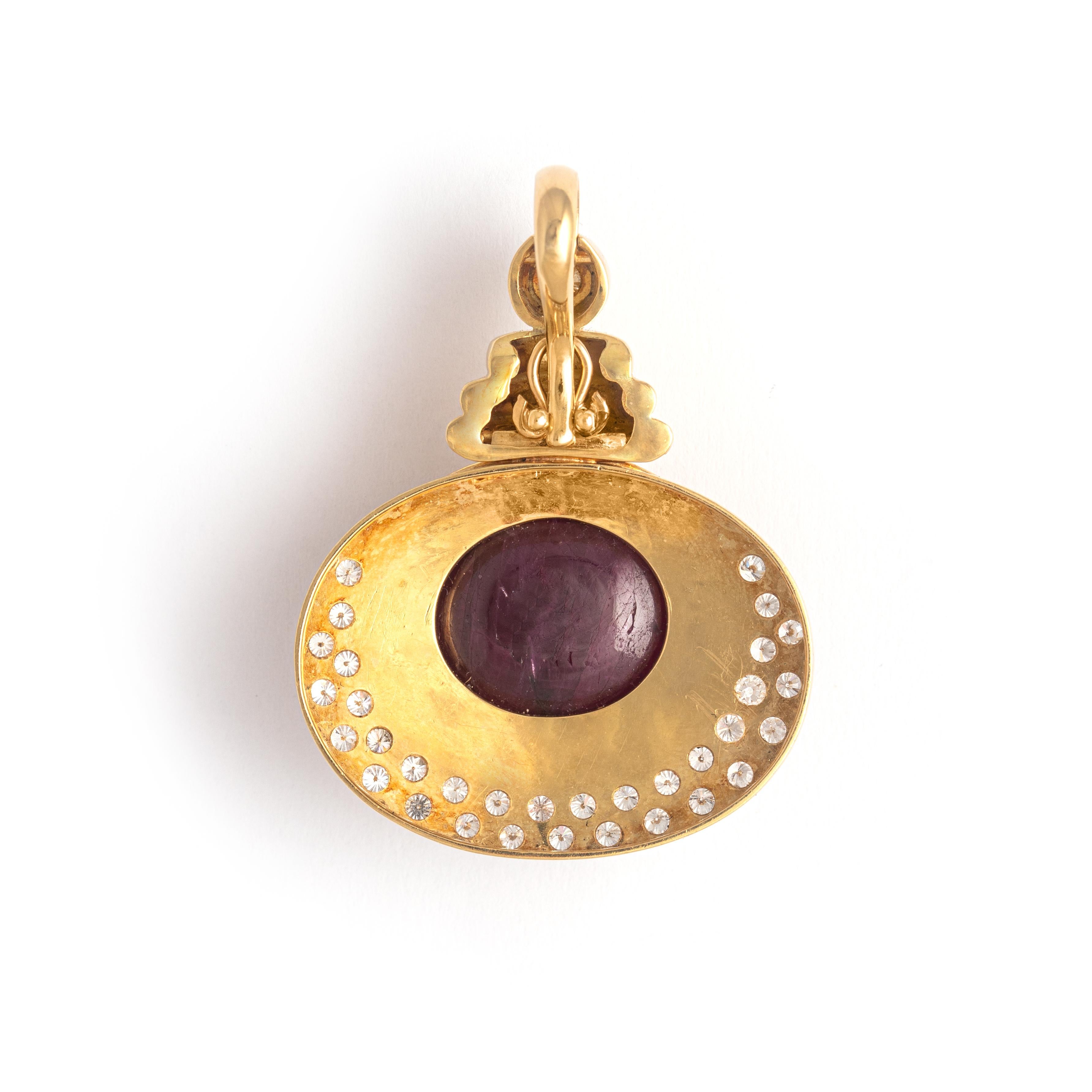 Women's or Men's Cabochon Ruby Diamond Yellow Gold Pendant For Sale