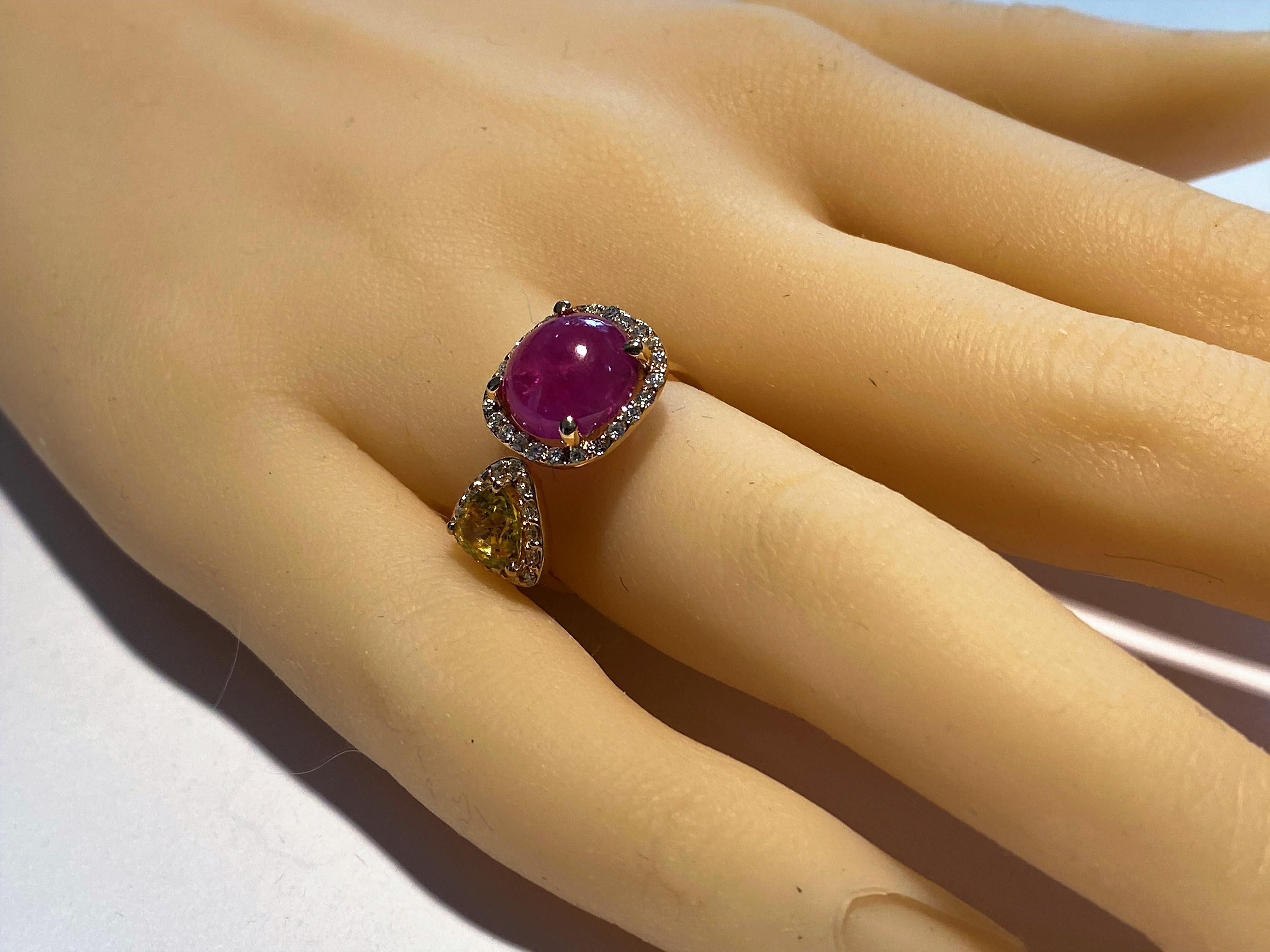 Round Cut Burma Cabochon Ruby Halo Diamond Yellow Sapphire Open Shank Gold Cocktail Ring