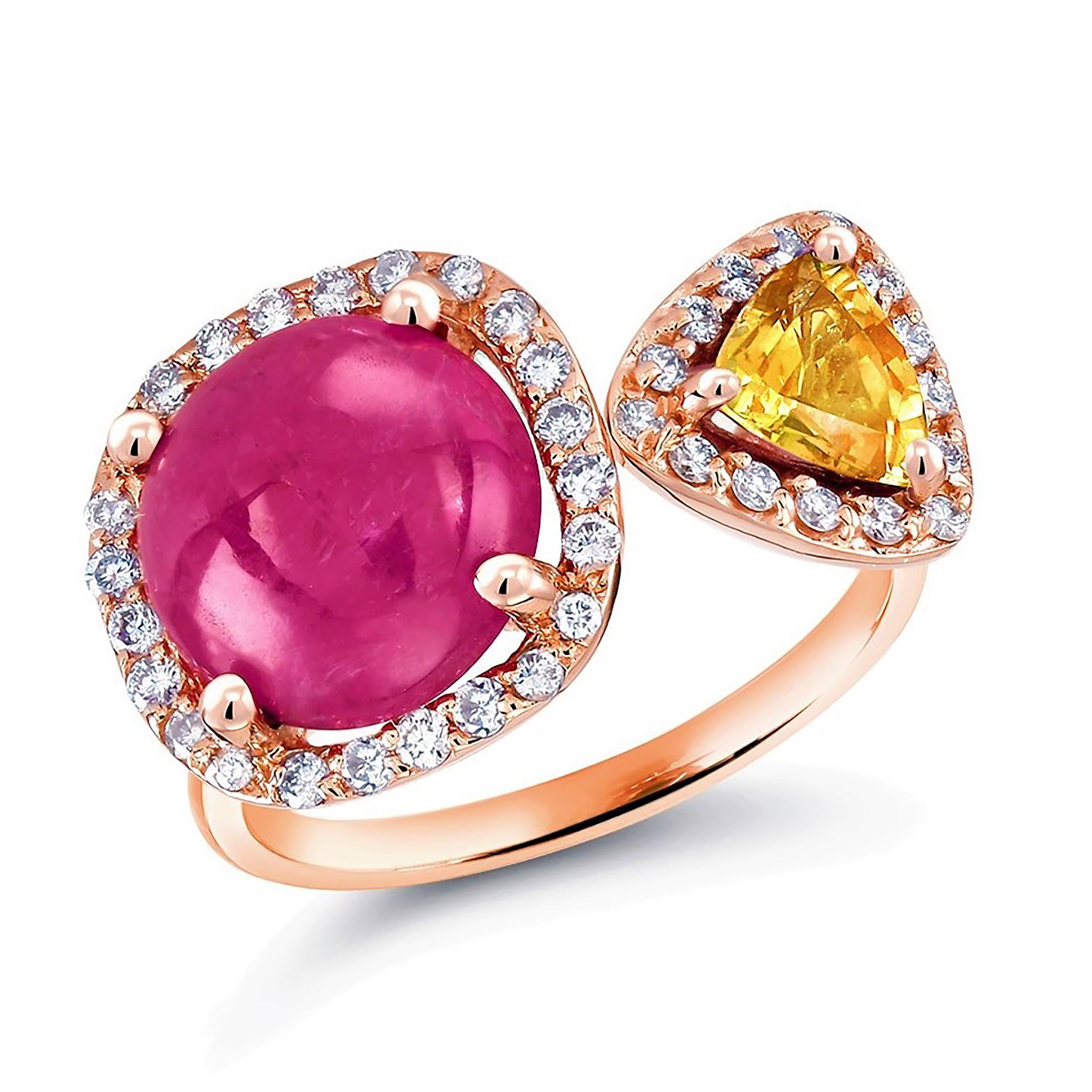 Women's Burma Cabochon Ruby Halo Diamond Yellow Sapphire Open Shank Gold Cocktail Ring