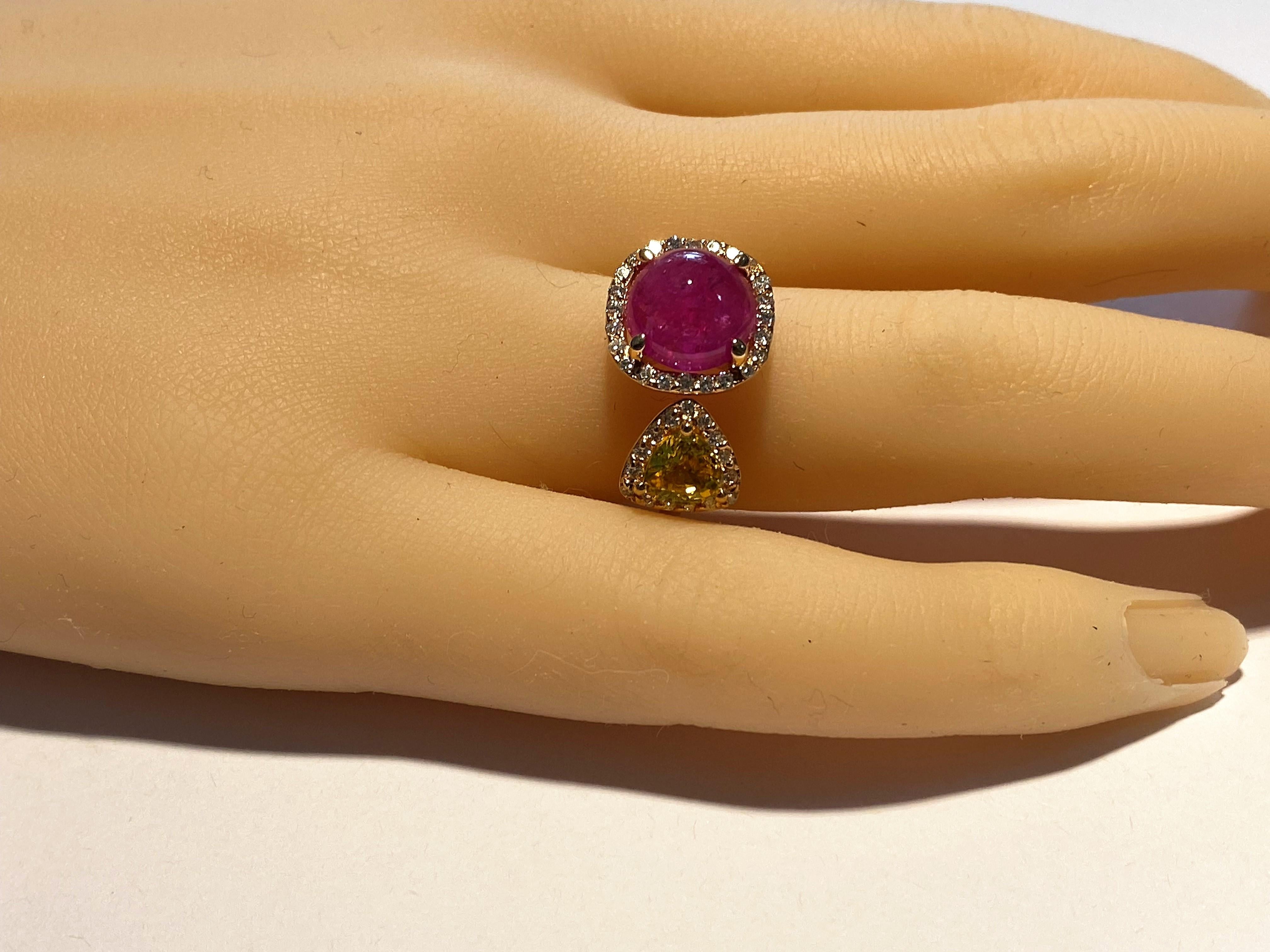 Burma Cabochon Ruby Halo Diamond Yellow Sapphire Open Shank Gold Cocktail Ring 1