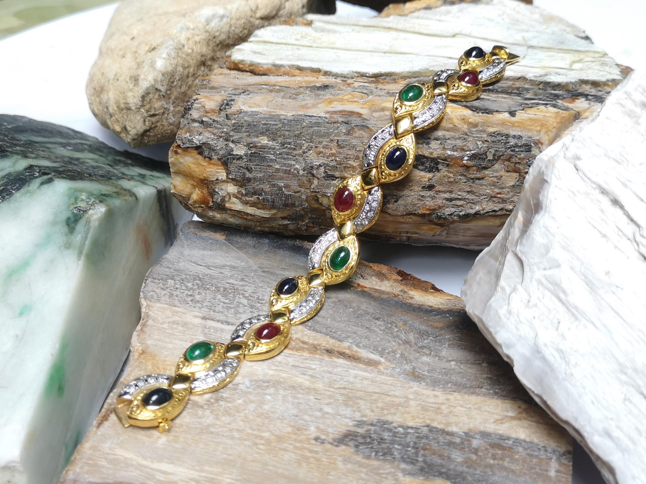 Cabochon Ruby, Emerald, Blue Sapphire with Diamond Bracelet in 18 Karat Gold For Sale 13