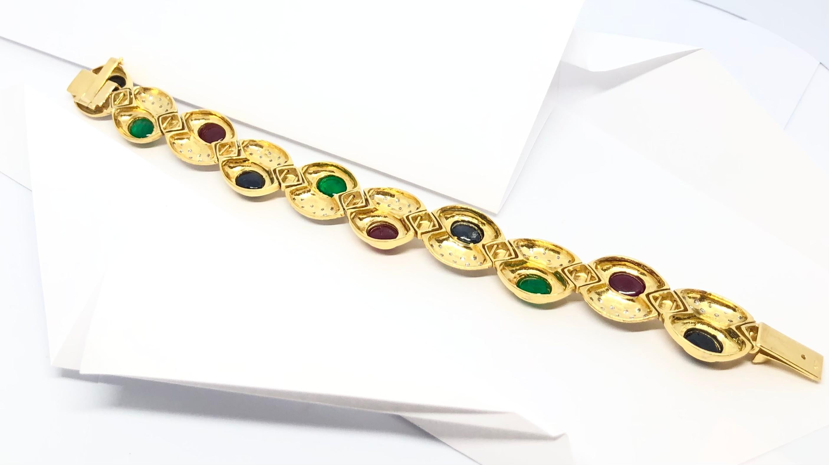 Cabochon Ruby, Emerald, Blue Sapphire with Diamond Bracelet in 18 Karat Gold For Sale 3