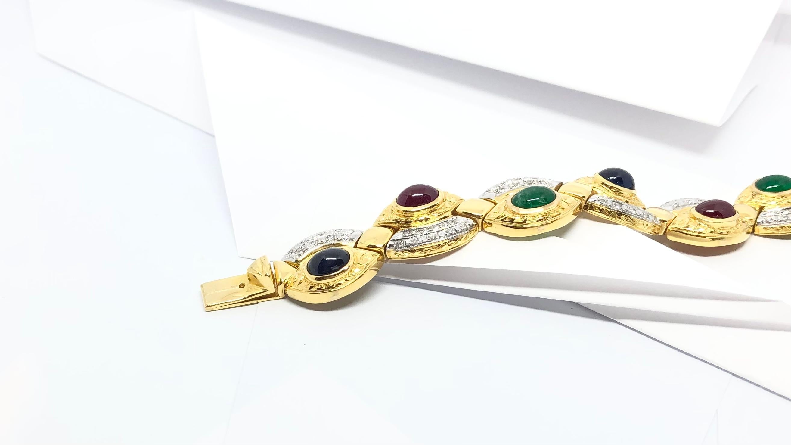 Cabochon Ruby, Emerald, Blue Sapphire with Diamond Bracelet in 18 Karat Gold For Sale 4