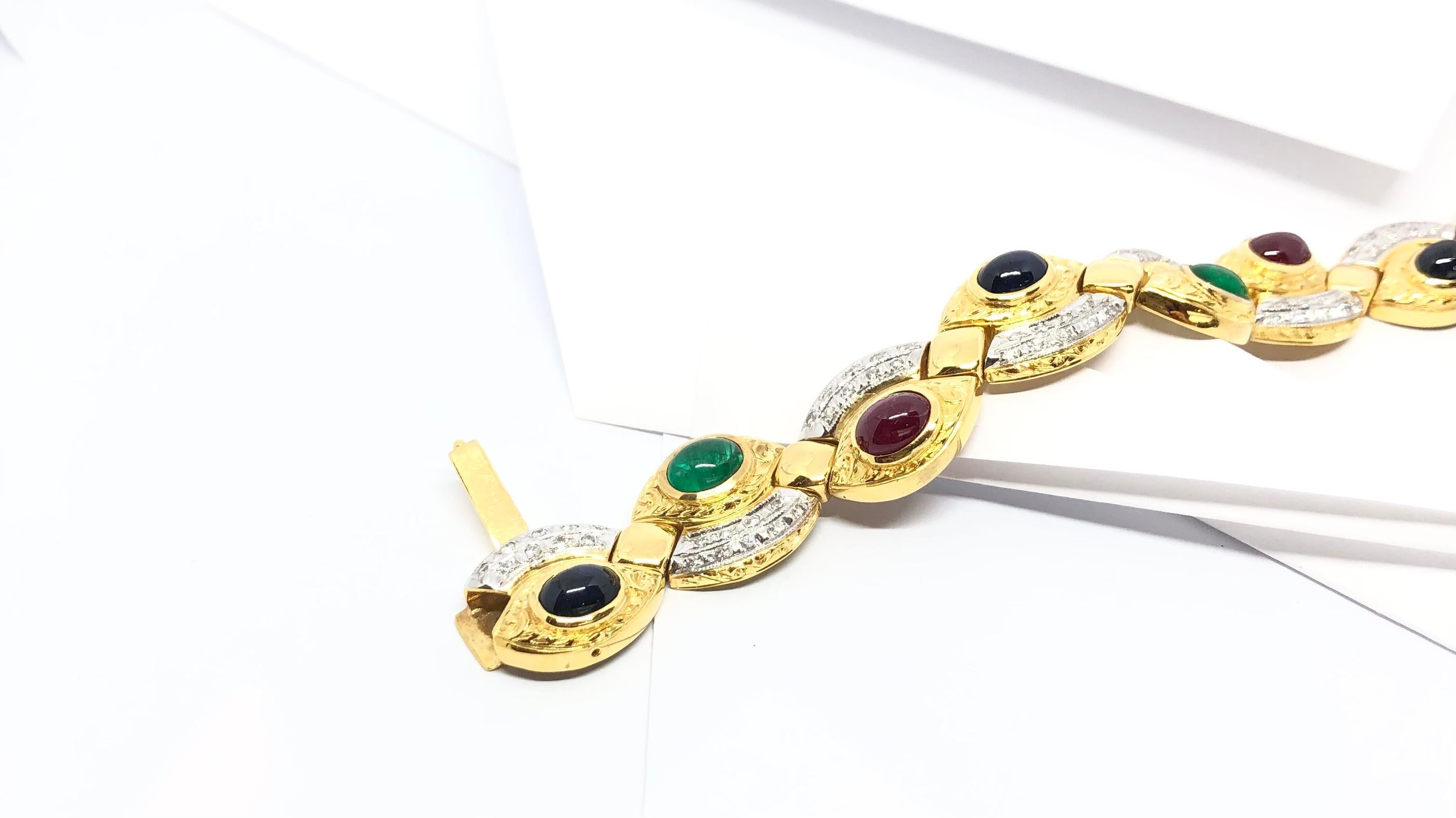 Cabochon Ruby, Emerald, Blue Sapphire with Diamond Bracelet in 18 Karat Gold For Sale 1