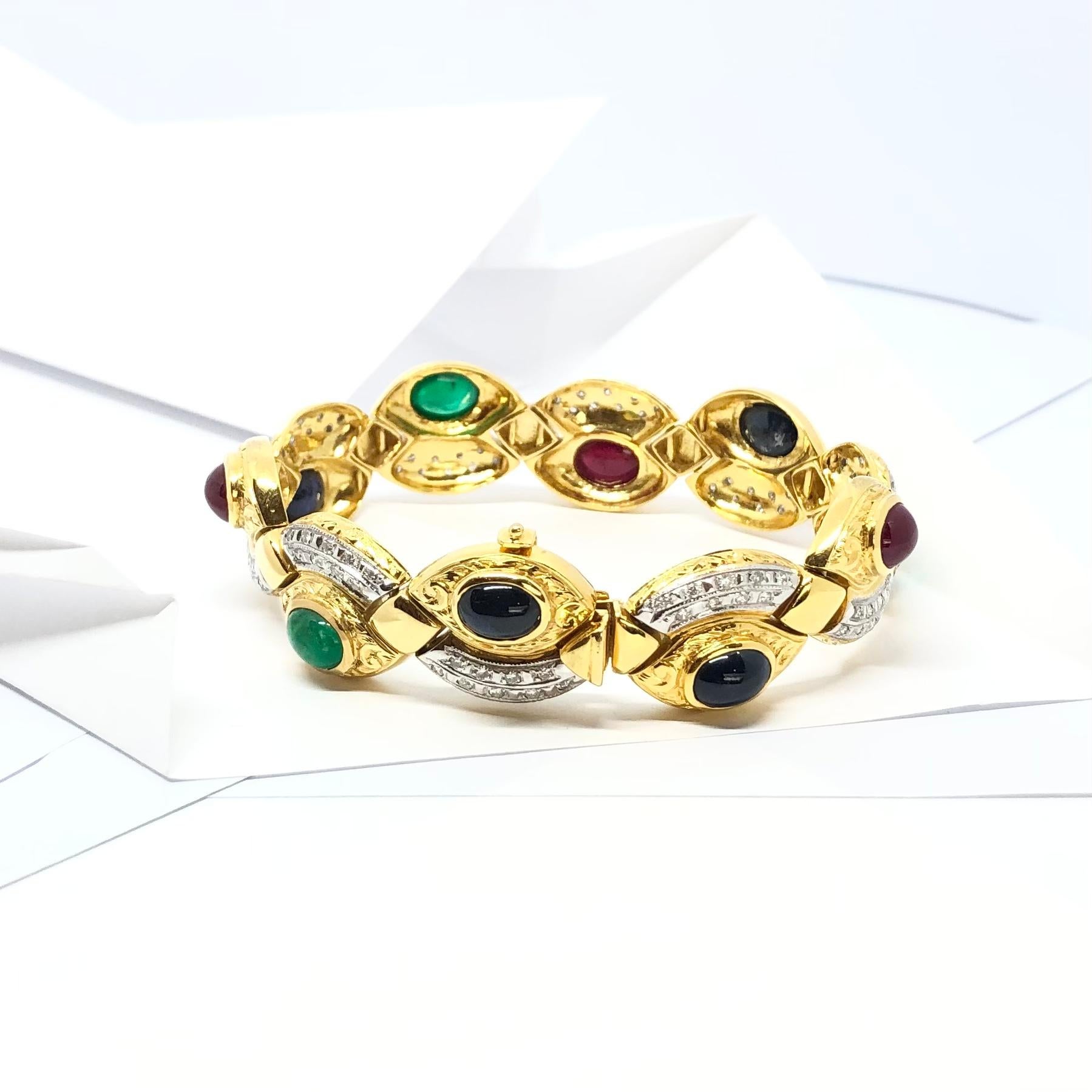 Cabochon Rubin, Smaragd, blauer Saphir mit Diamant-Armband aus 18 Karat Gold (Zeitgenössisch) im Angebot