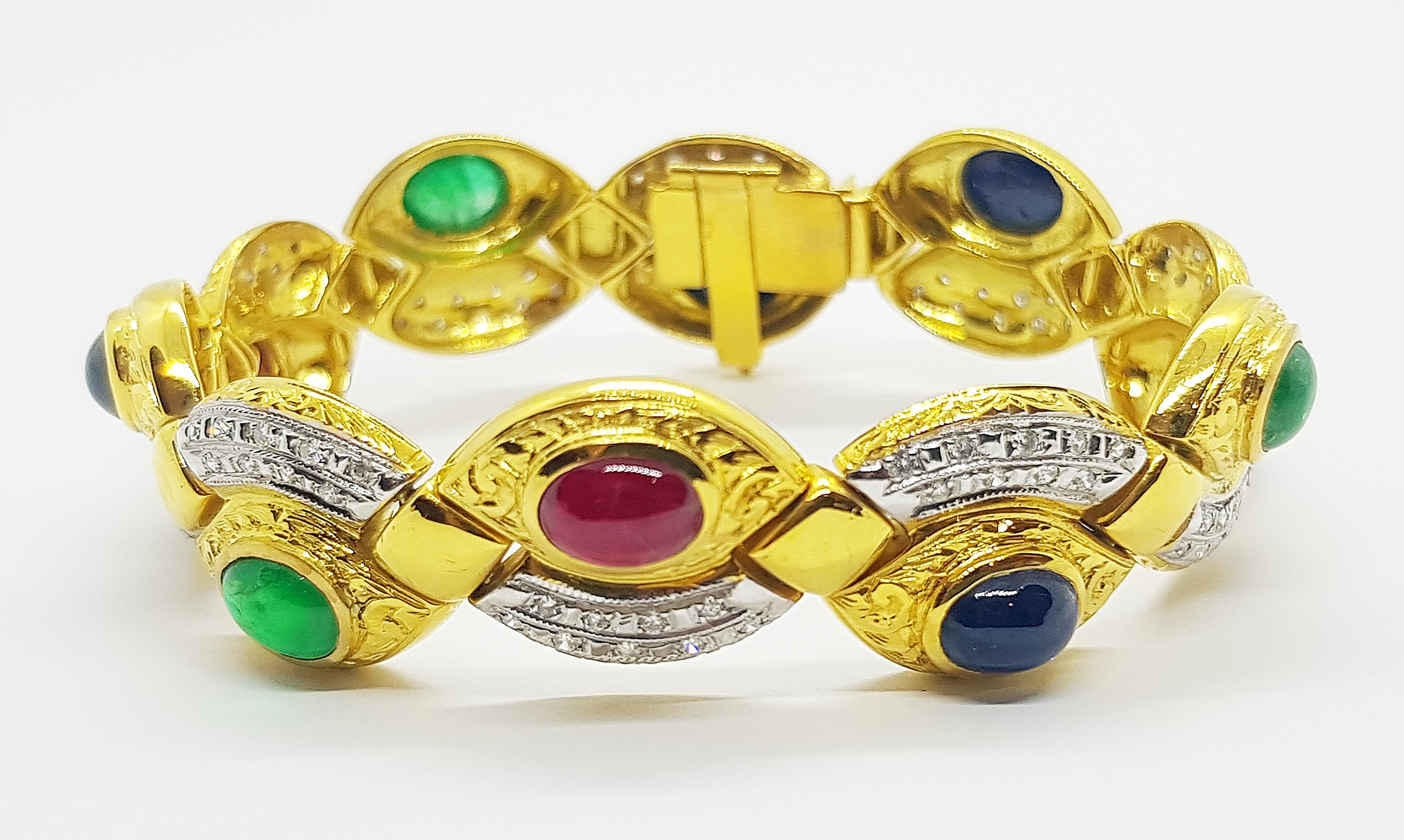 Contemporary Cabochon Ruby, Emerald, Blue Sapphire with Diamond Bracelet in 18 Karat Gold For Sale