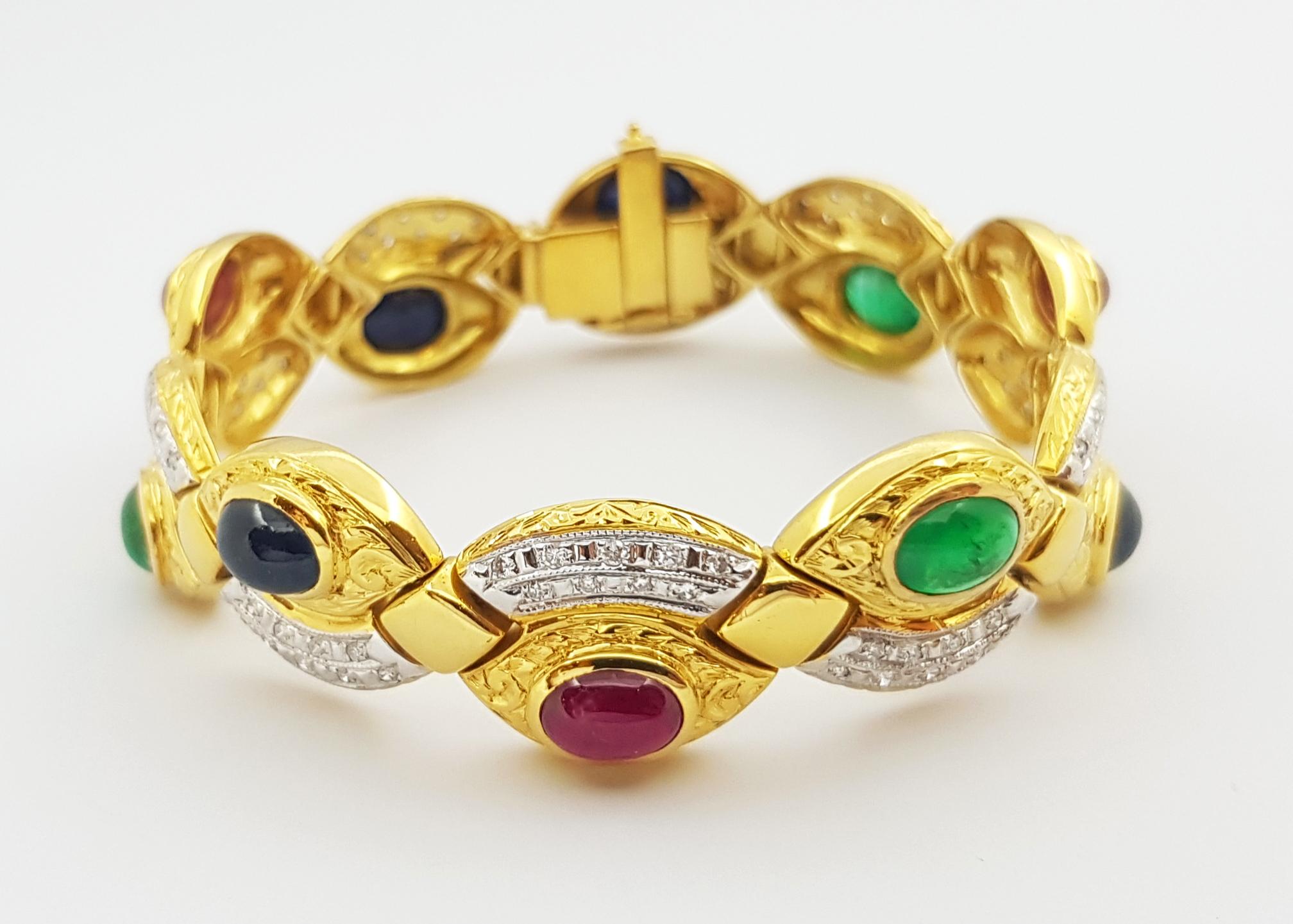 Contemporary Cabochon Ruby, Emerald, Blue Sapphire with Diamond Bracelet in 18 Karat Gold For Sale