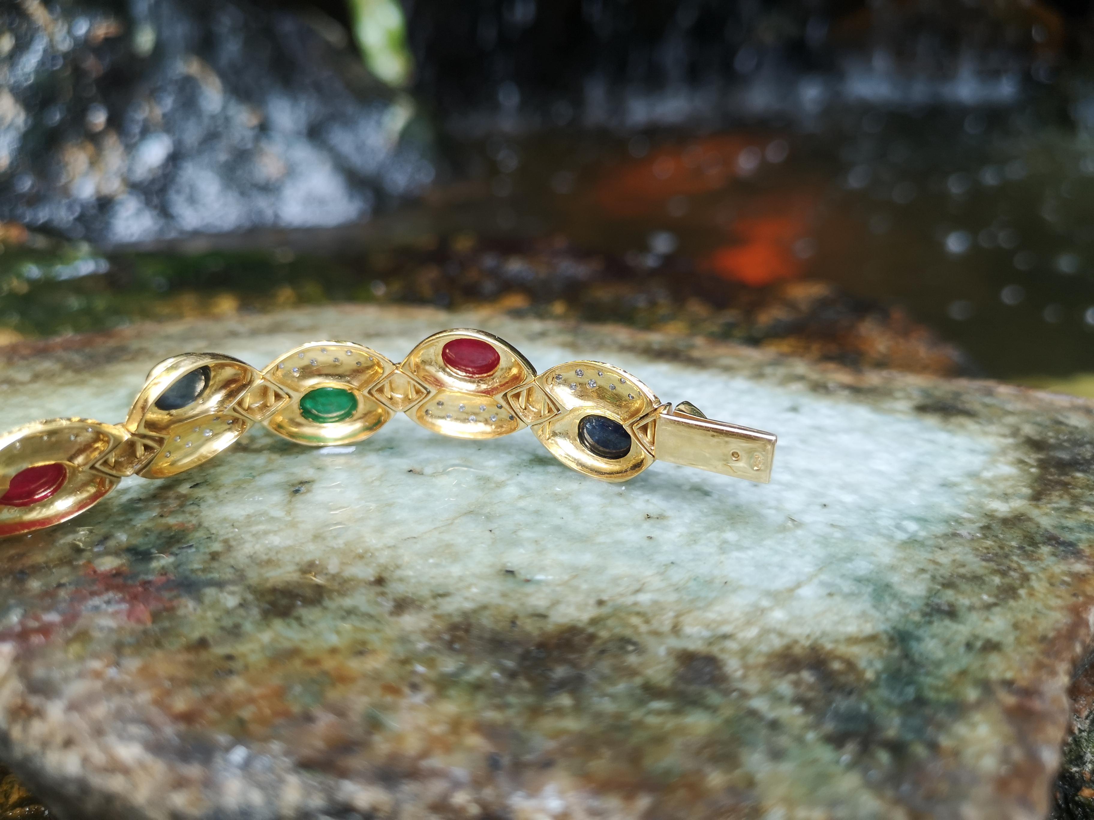 Cabochon Ruby, Emerald, Blue Sapphire with Diamond Bracelet in 18 Karat Gold For Sale 8