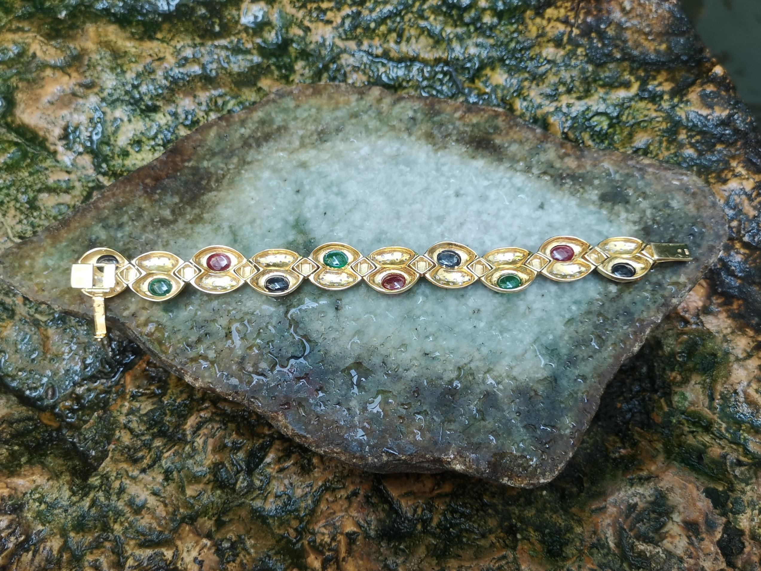 Cabochon Ruby, Emerald, Blue Sapphire with Diamond Bracelet in 18 Karat Gold For Sale 6