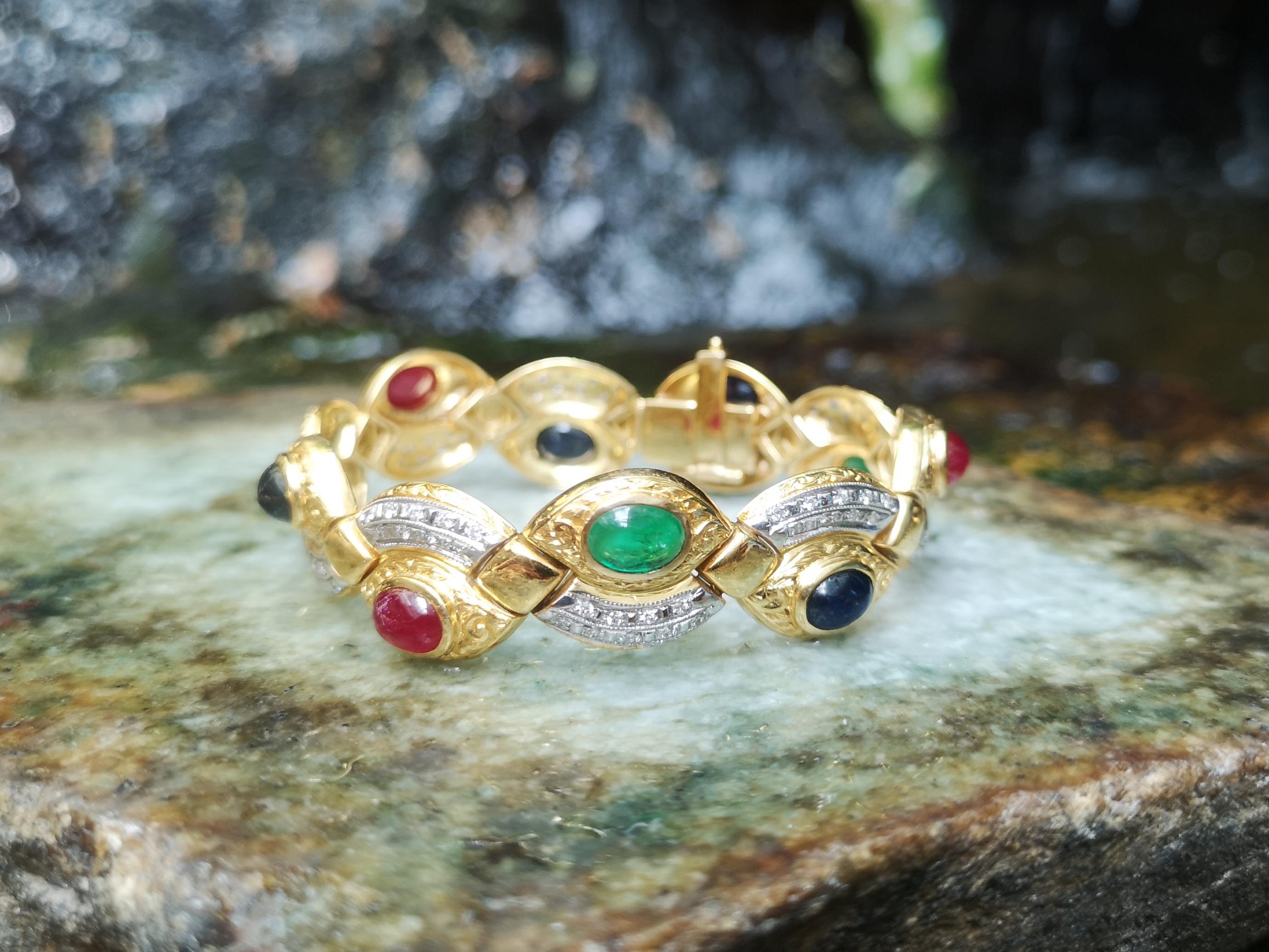 Cabochon Ruby, Emerald, Blue Sapphire with Diamond Bracelet in 18 Karat Gold For Sale 6