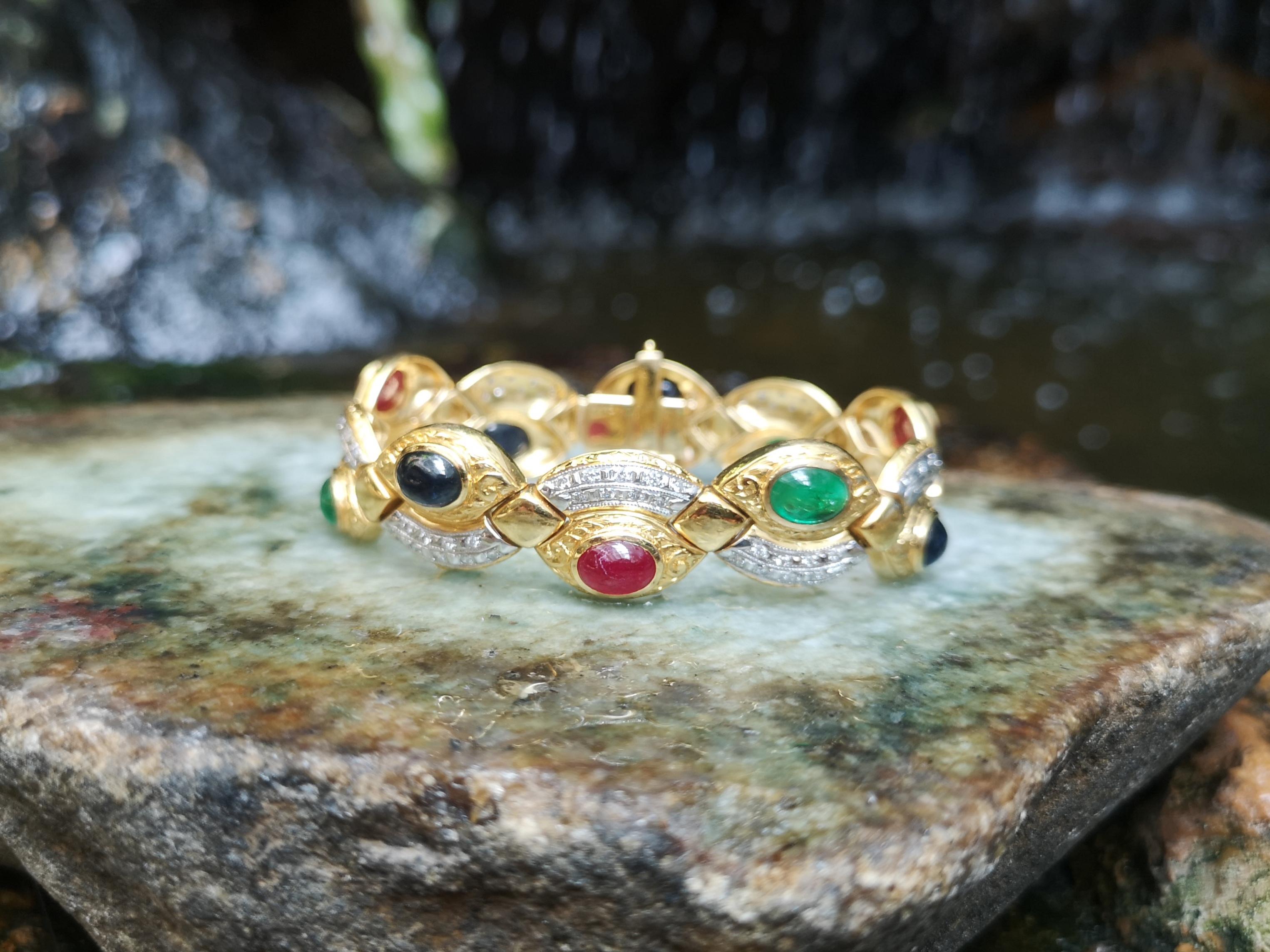 Cabochon Ruby, Emerald, Blue Sapphire with Diamond Bracelet in 18 Karat Gold For Sale 9