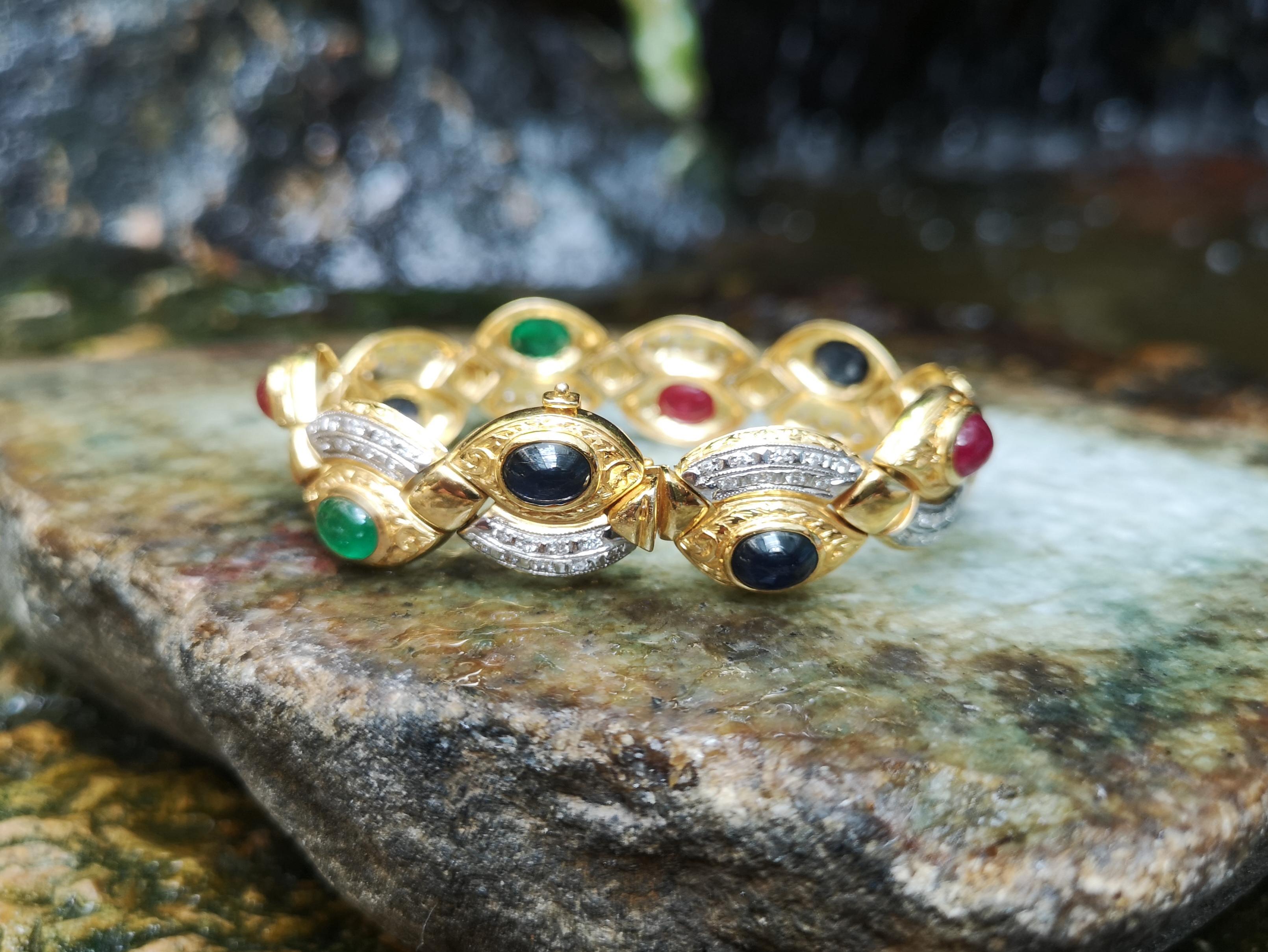 Cabochon Ruby, Emerald, Blue Sapphire with Diamond Bracelet in 18 Karat Gold For Sale 9