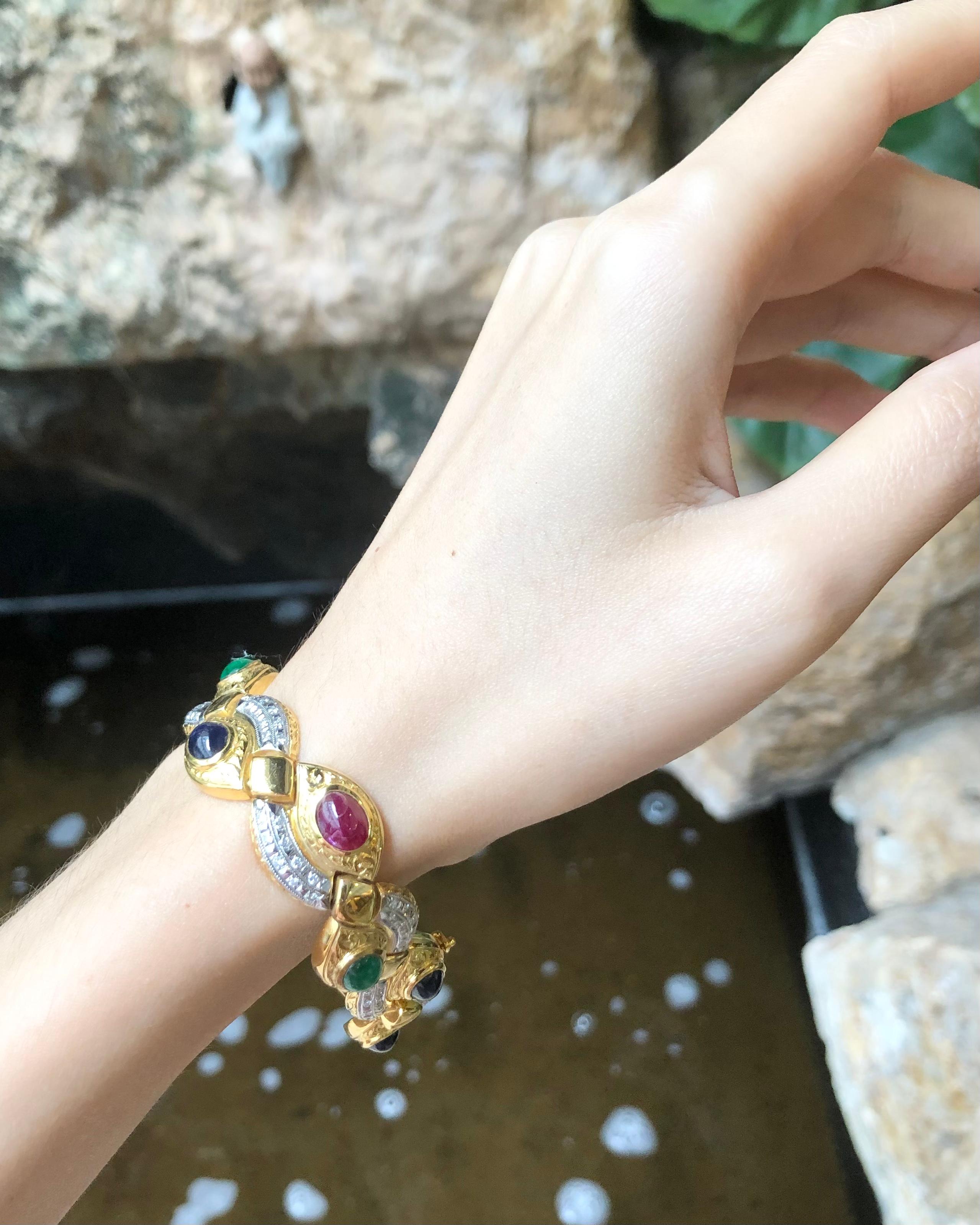 Cabochon Ruby, Emerald, Blue Sapphire with Diamond Bracelet in 18 Karat Gold In New Condition For Sale In Bangkok, TH