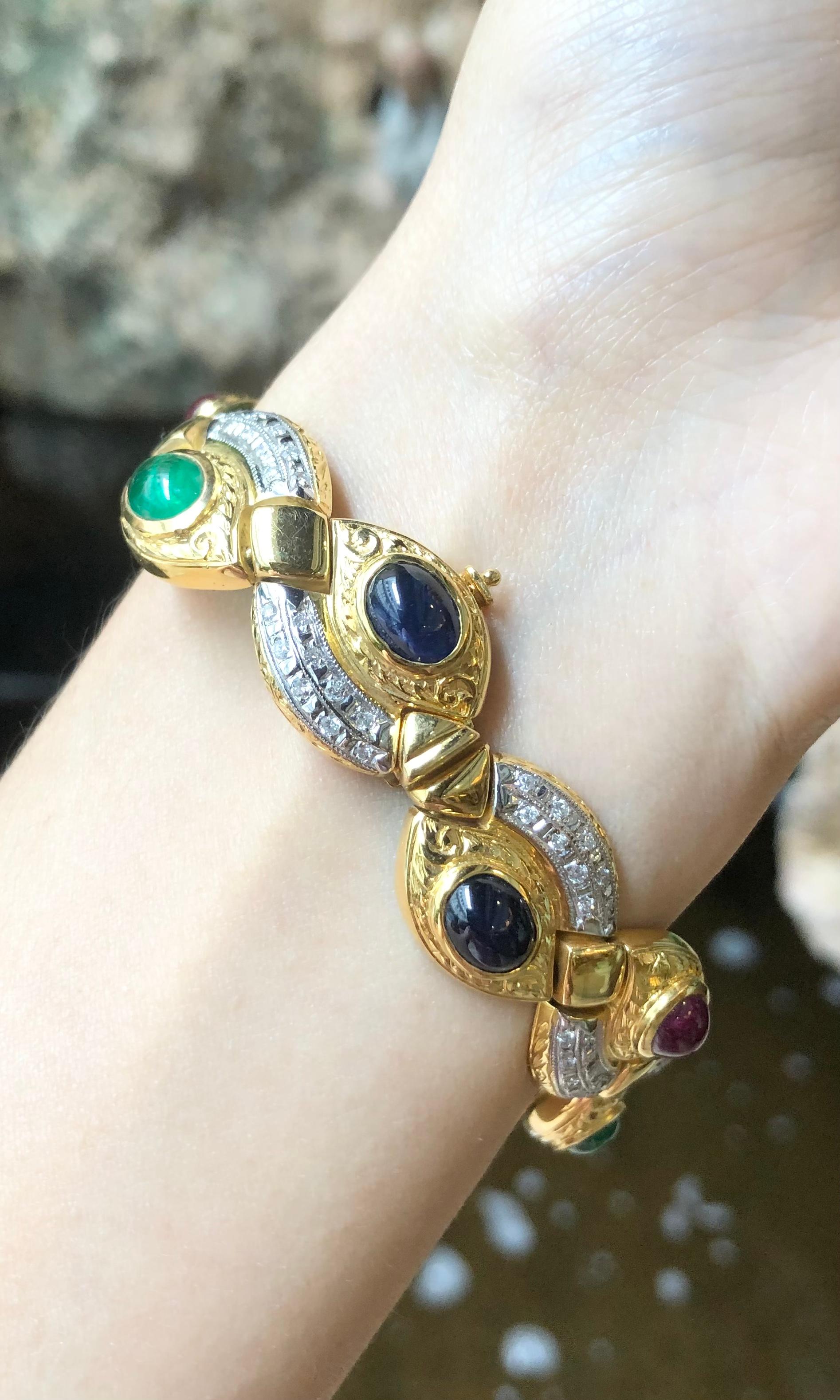Cabochon Ruby, Emerald, Blue Sapphire with Diamond Bracelet in 18 Karat Gold For Sale 1