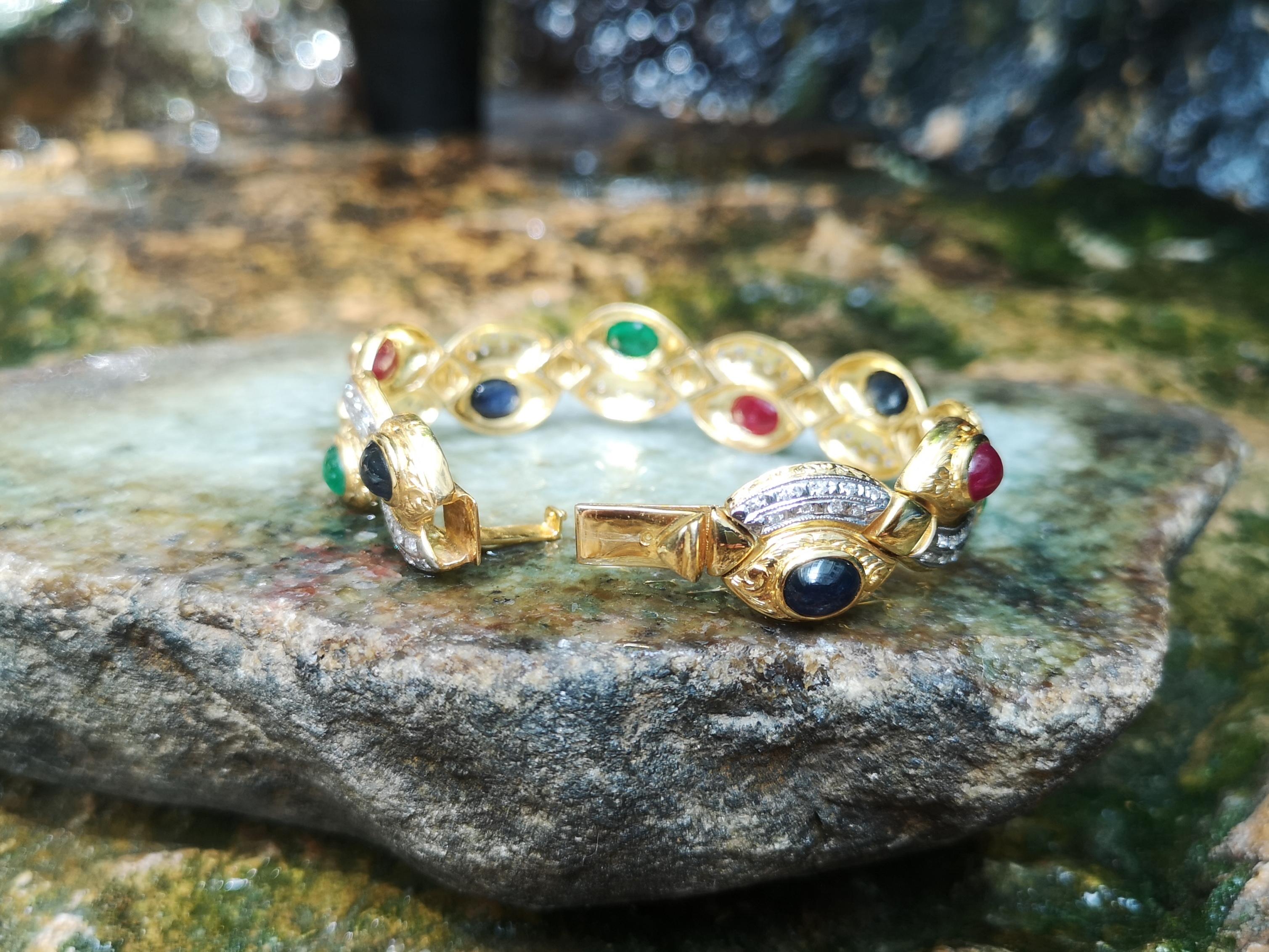 Cabochon Ruby, Emerald, Blue Sapphire with Diamond Bracelet in 18 Karat Gold For Sale 12