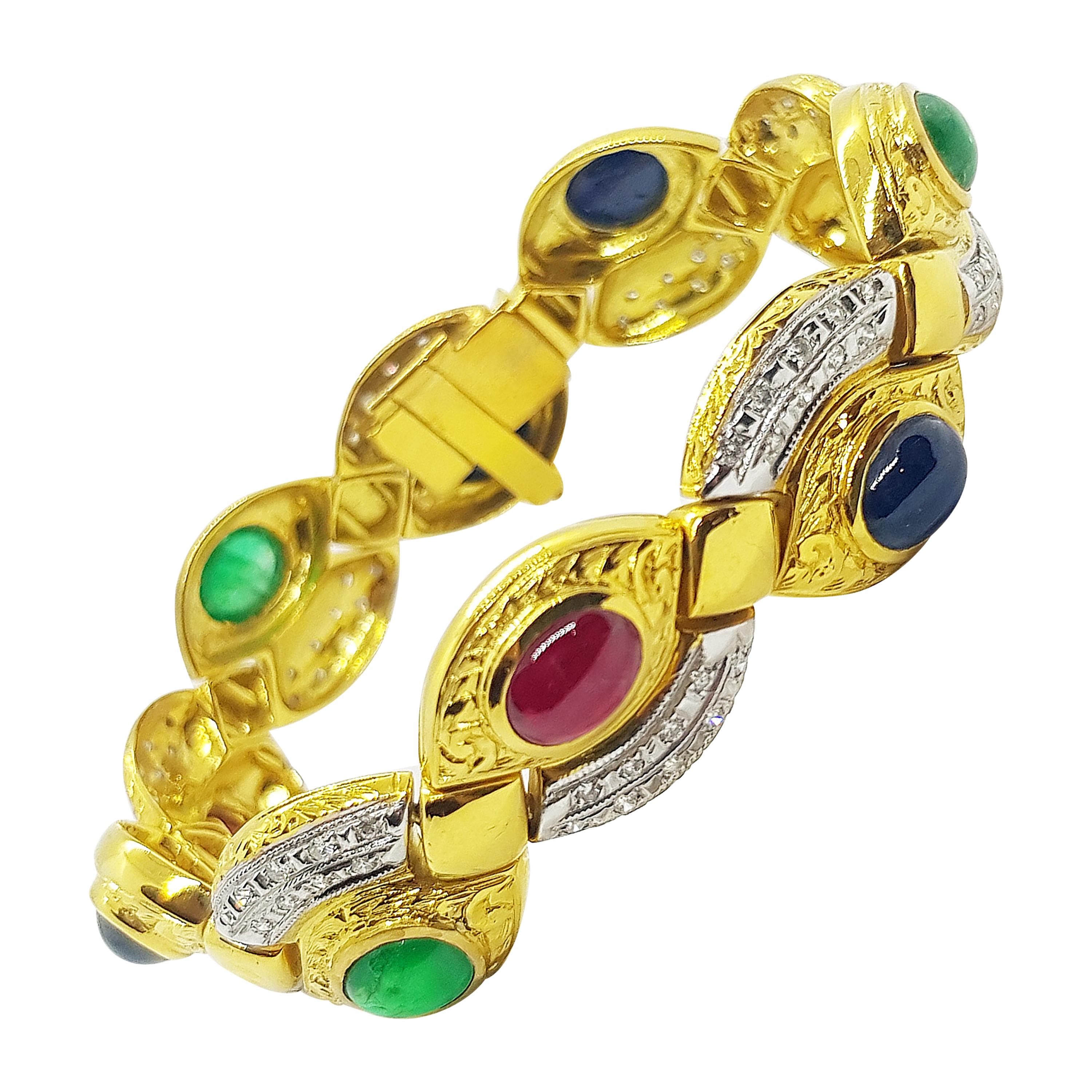 Cabochon Rubin, Smaragd, blauer Saphir mit Diamant-Armband aus 18 Karat Gold im Angebot