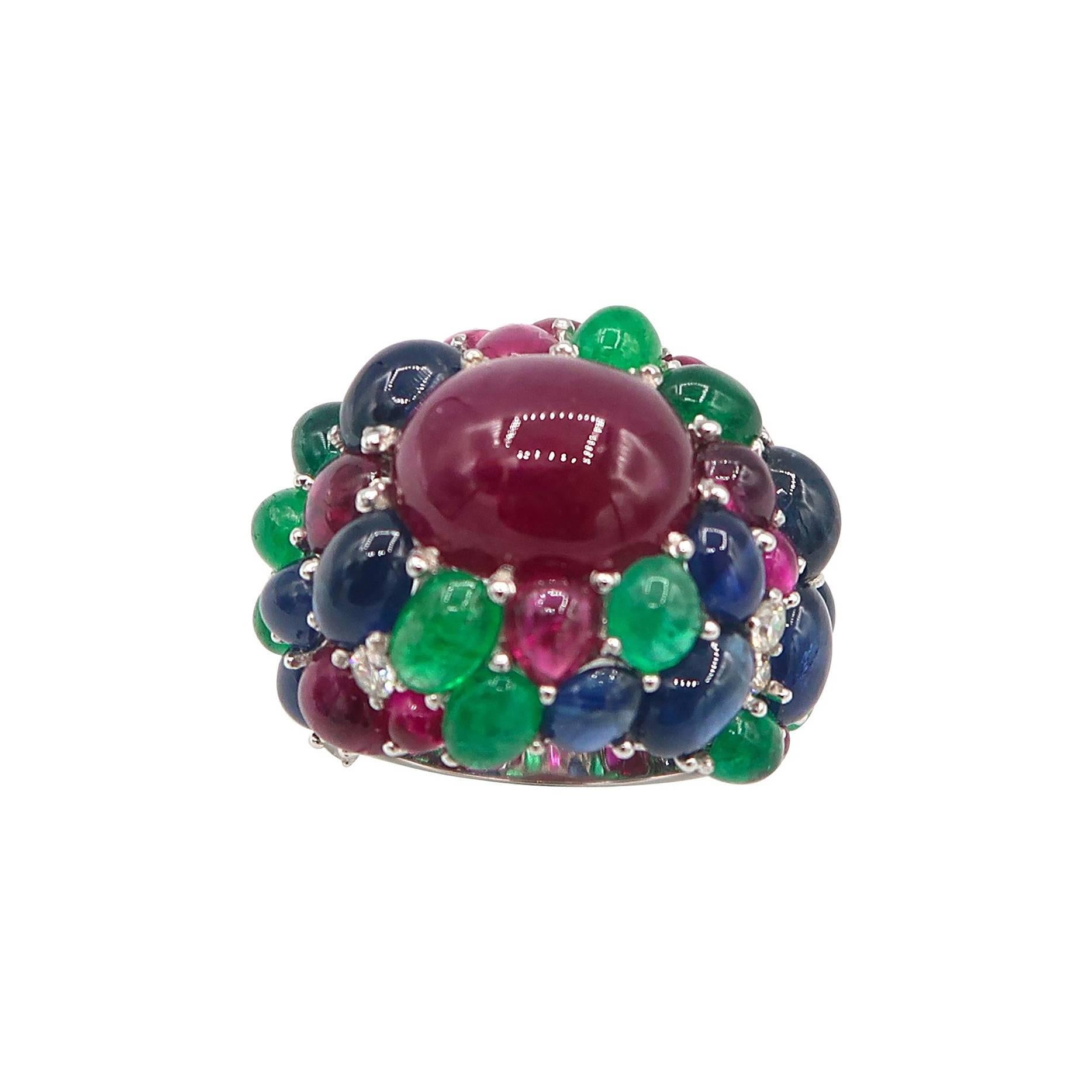 Clustered 39.39 Carat Cabochon Ruby Emerald Sapphire Diamond 18 Karat Gold Ring For Sale