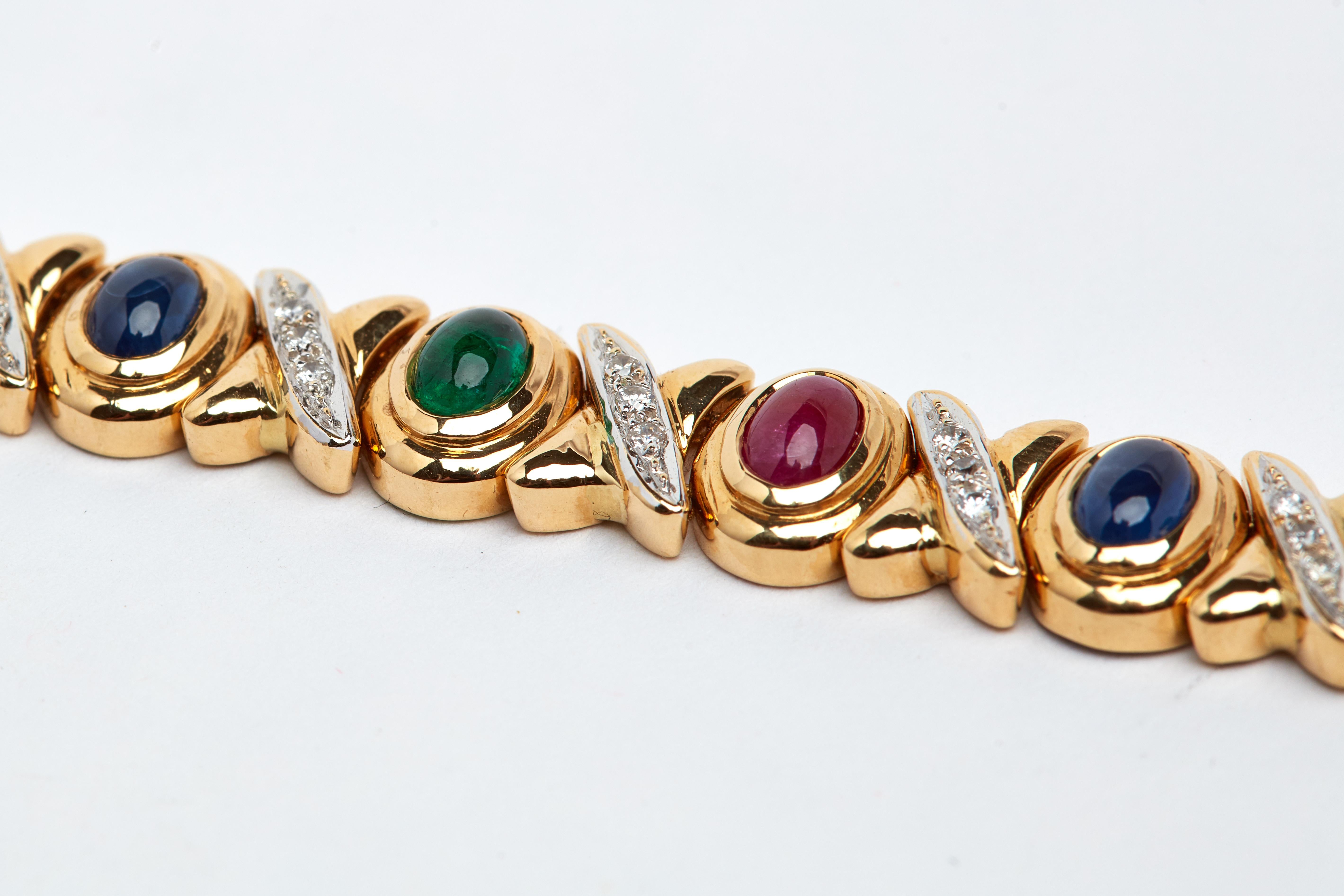Oval Cut Cabochon Ruby Emerald Sapphire or Diamond 18 Karat Bracelet
