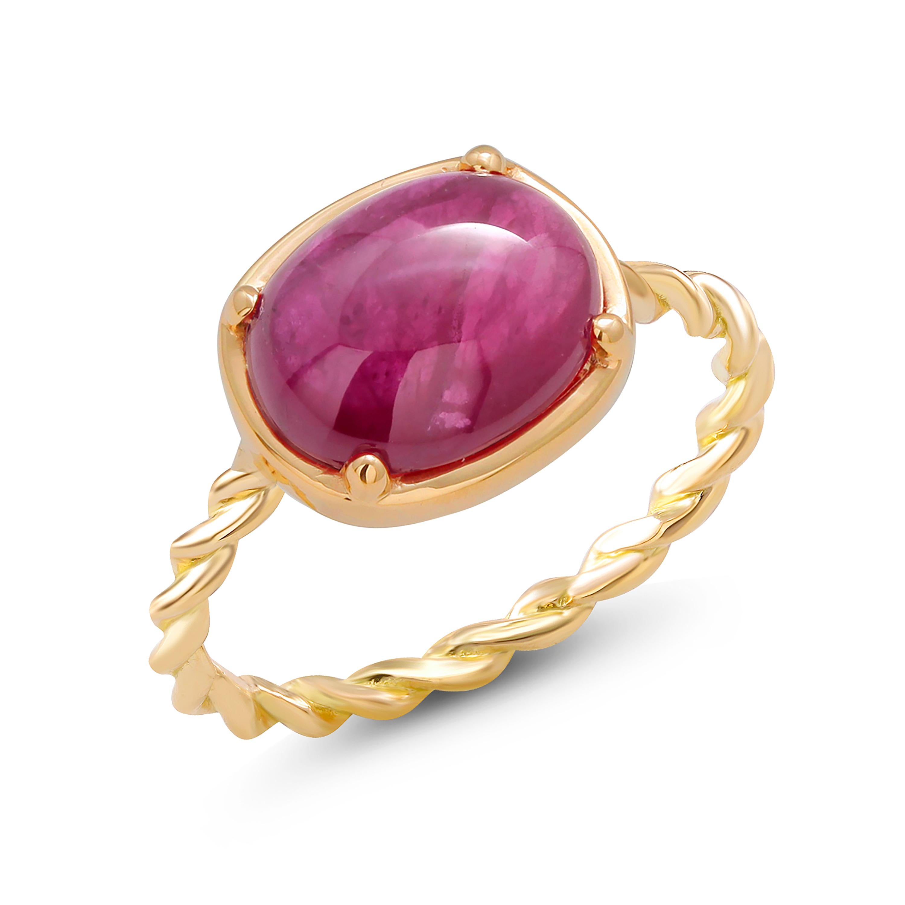 Contemporary Cabochon Ruby Fourteen Karat Yellow Gold Solitaire Cocktail Twisted Ring