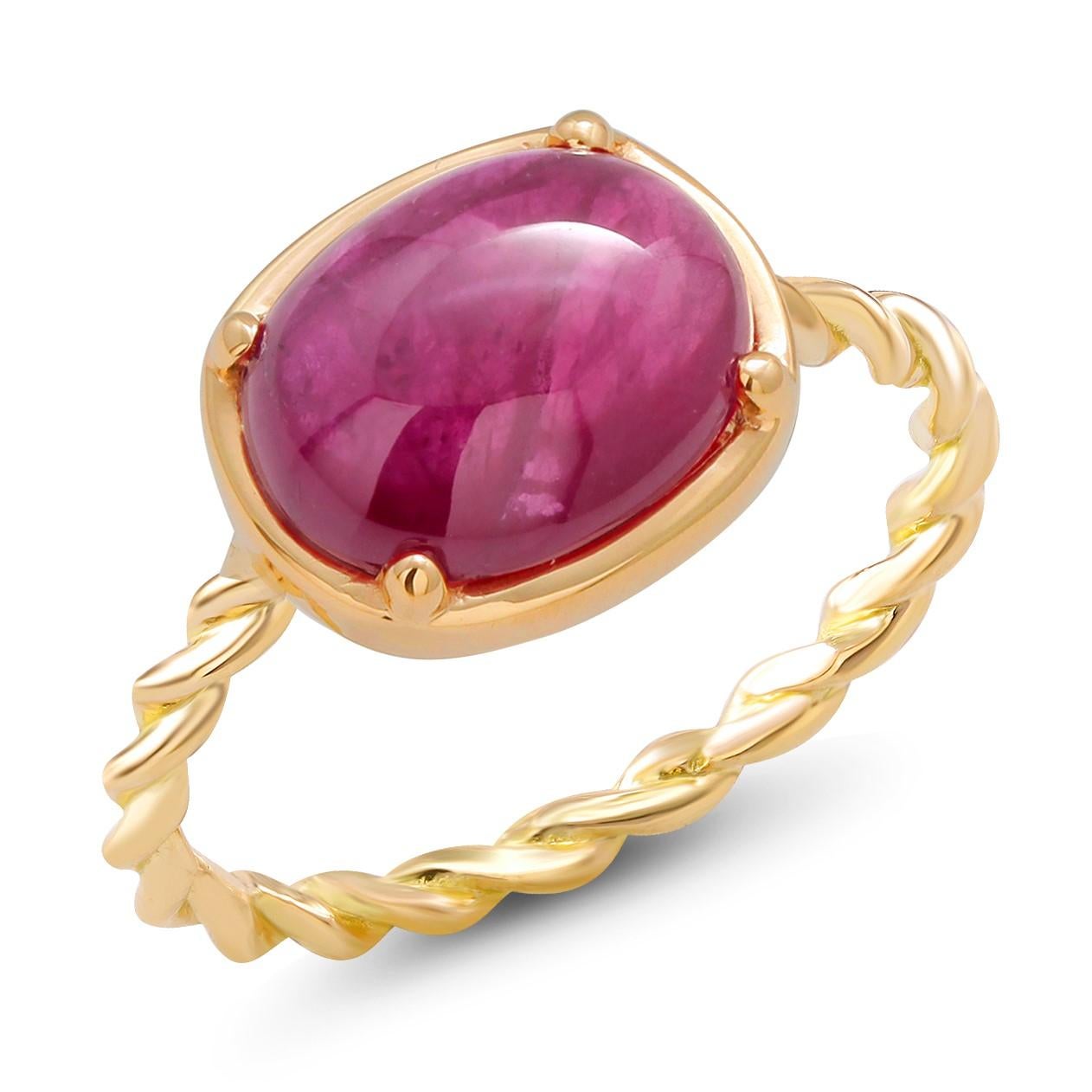 Oval Cut Cabochon Ruby Fourteen Karat Yellow Gold Solitaire Cocktail Twisted Ring