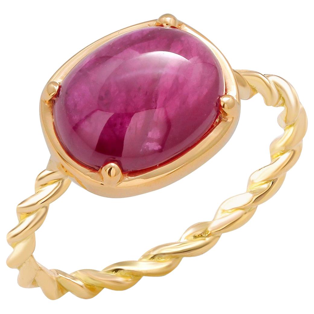 Cabochon Ruby Fourteen Karat Yellow Gold Solitaire Cocktail Twisted Ring