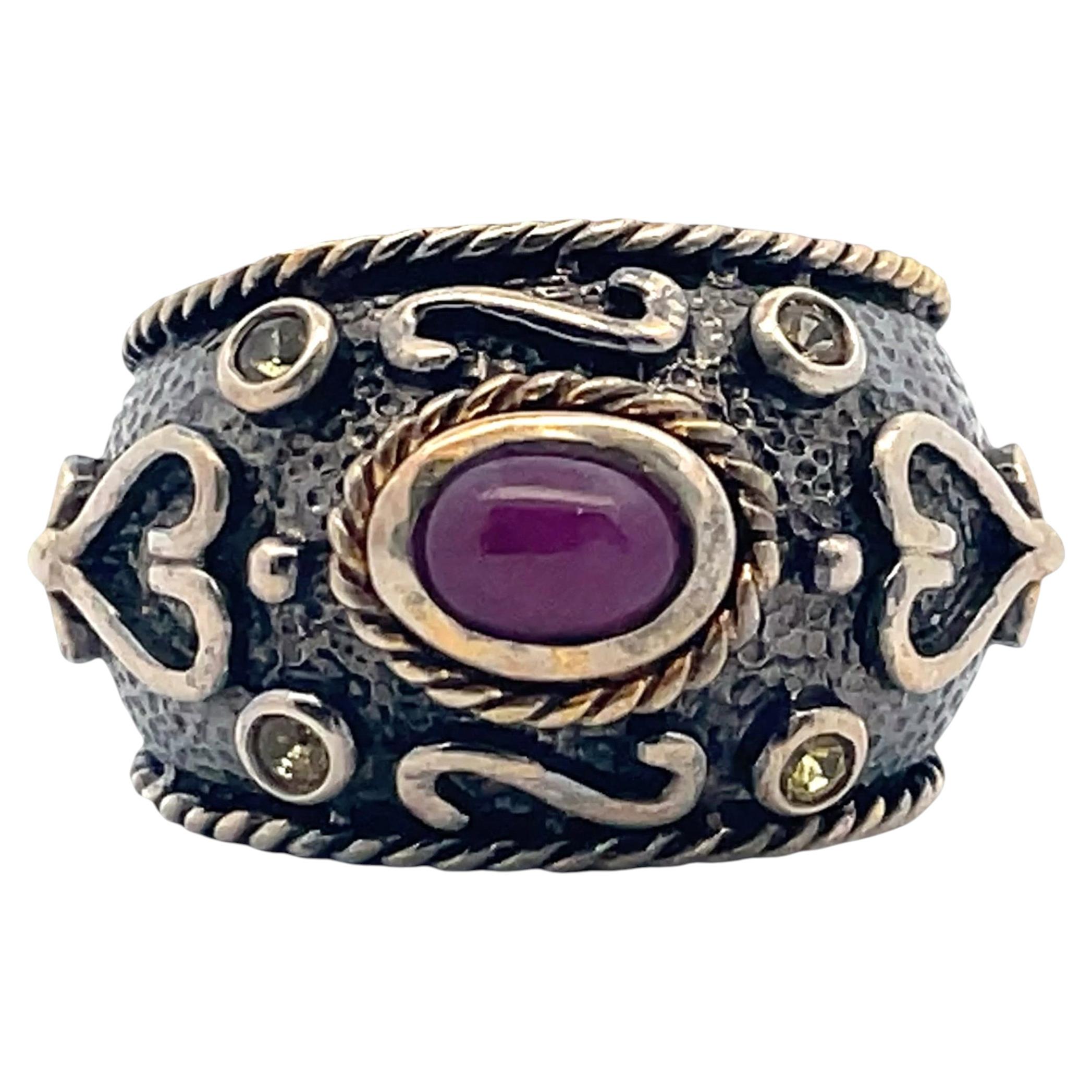 Cabochon Ruby & Peridot Byzantine Ring in Sterling Silver with 18K Vermeil For Sale