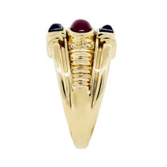 Cabochon Ruby & Princess Cut Sapphire 18-Karat Diamond Ring In Stock