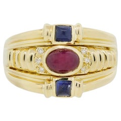 Cabochon Ruby & Princess Cut Sapphire 18-Karat Diamond Ring In Stock