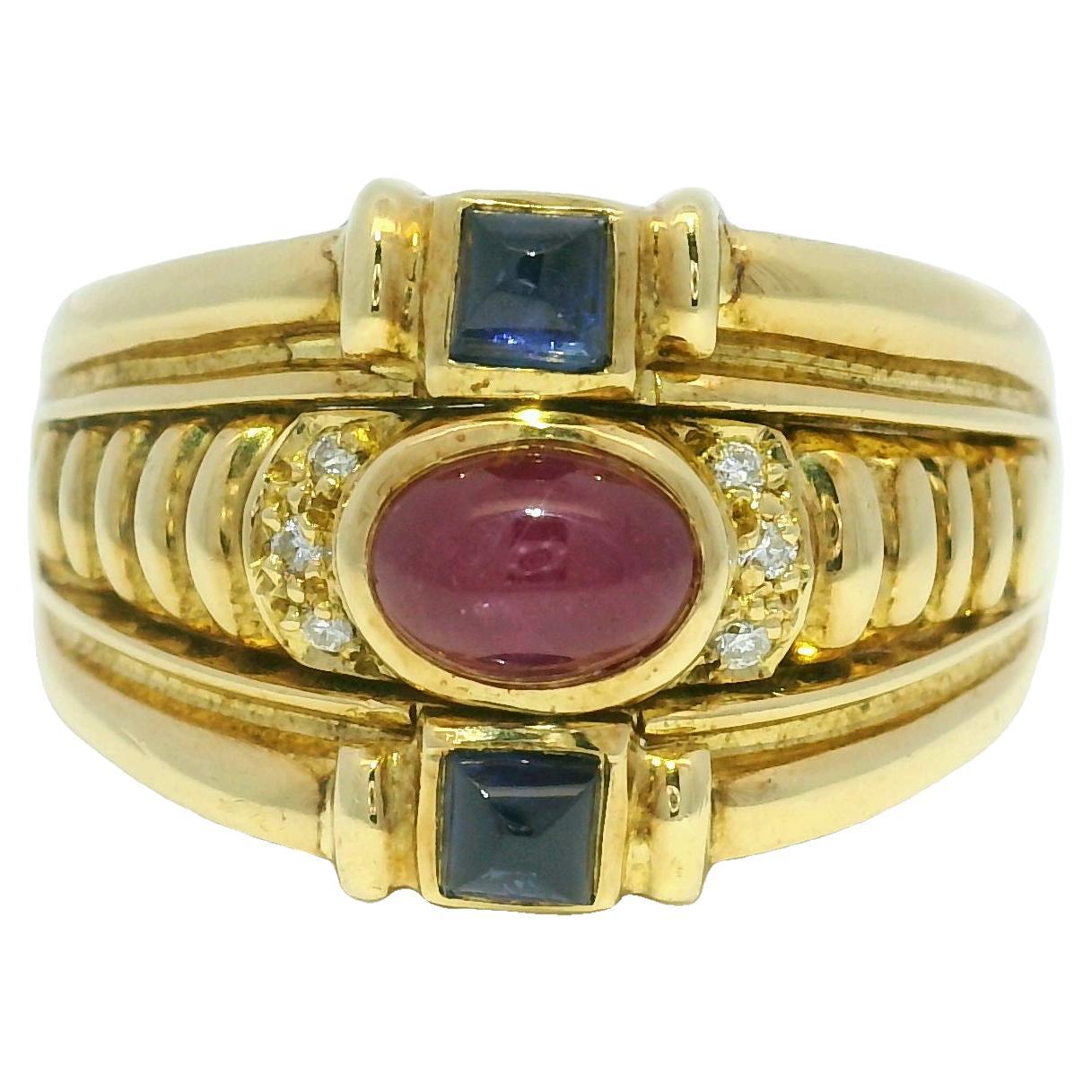 Cabochon Ruby & Princess Cut Sapphire 18-Karat Diamond Ring In Stock
