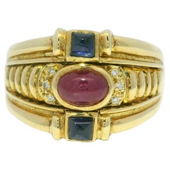 Cabochon Ruby & Princess Cut Sapphire 18-Karat Diamond Ring In Stock