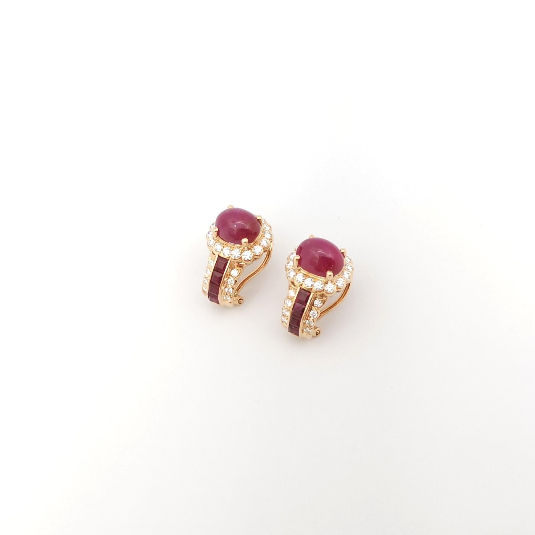 Mixed Cut Cabochon Ruby, Ruby and Diamond Earrings set in 18K Rose Gold Settings For Sale