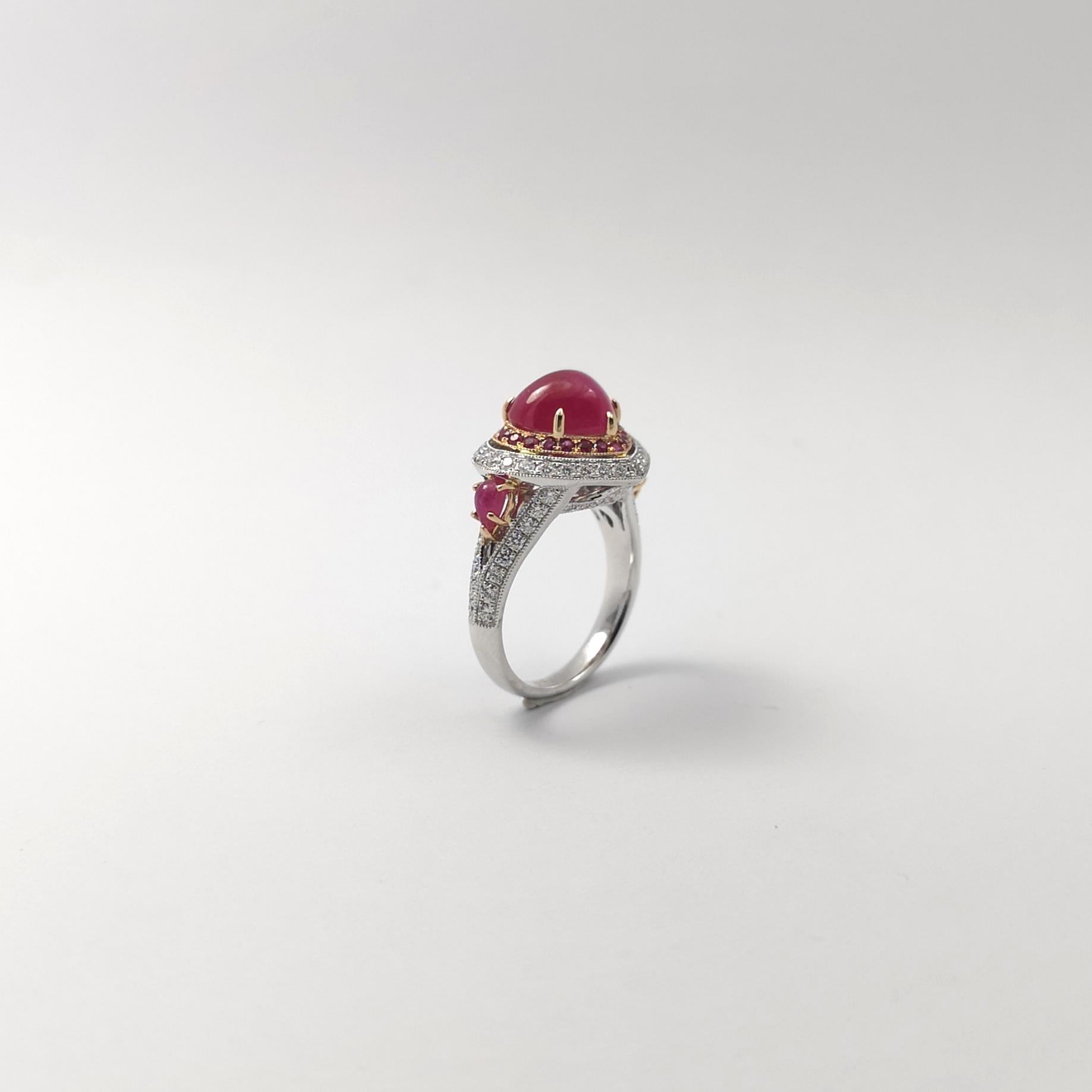 Cabochon Ruby, Ruby and Diamond Heart Ring set in 18K White/Rose Gold Settings For Sale 8