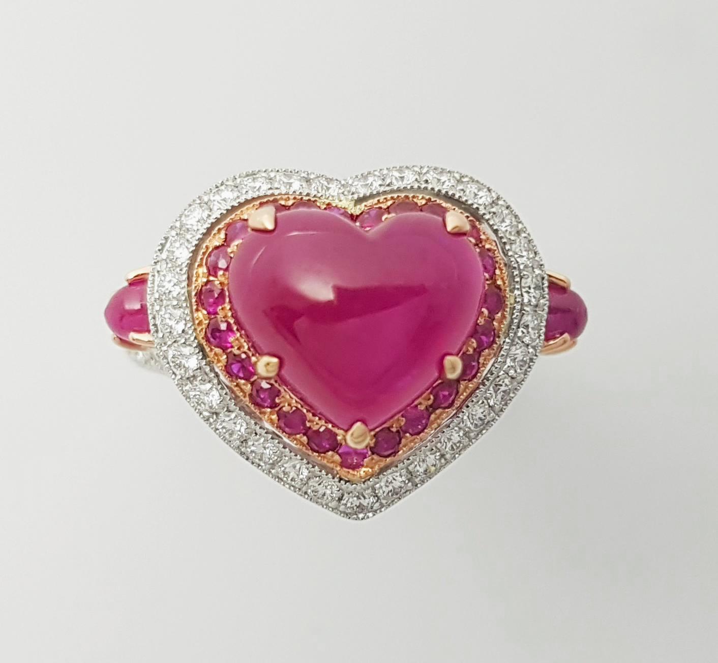 Cabochon Ruby, Ruby and Diamond Heart Ring set in 18K White/Rose Gold Settings For Sale 10