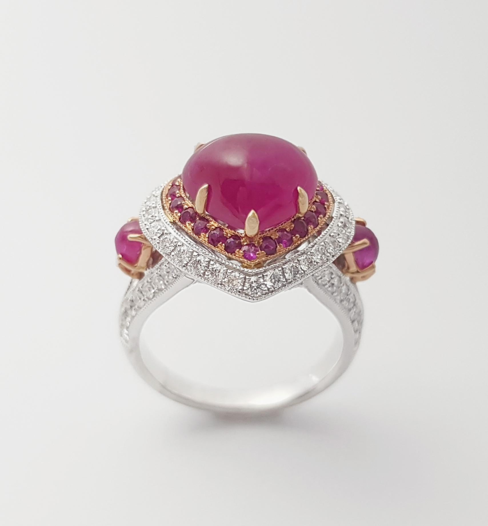 Cabochon Ruby, Ruby and Diamond Heart Ring set in 18K White/Rose Gold Settings For Sale 11