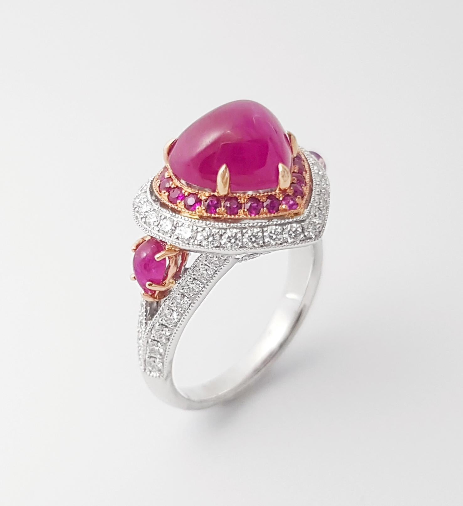 Cabochon Ruby, Ruby and Diamond Heart Ring set in 18K White/Rose Gold Settings For Sale 12