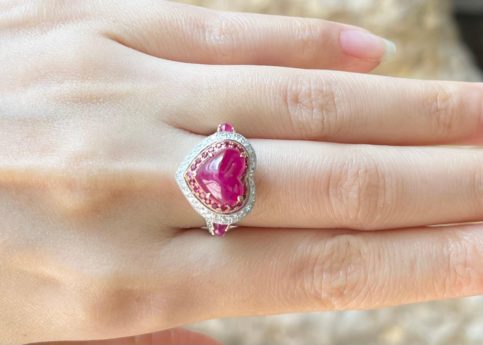 Contemporary Cabochon Ruby, Ruby and Diamond Heart Ring set in 18K White/Rose Gold Settings For Sale