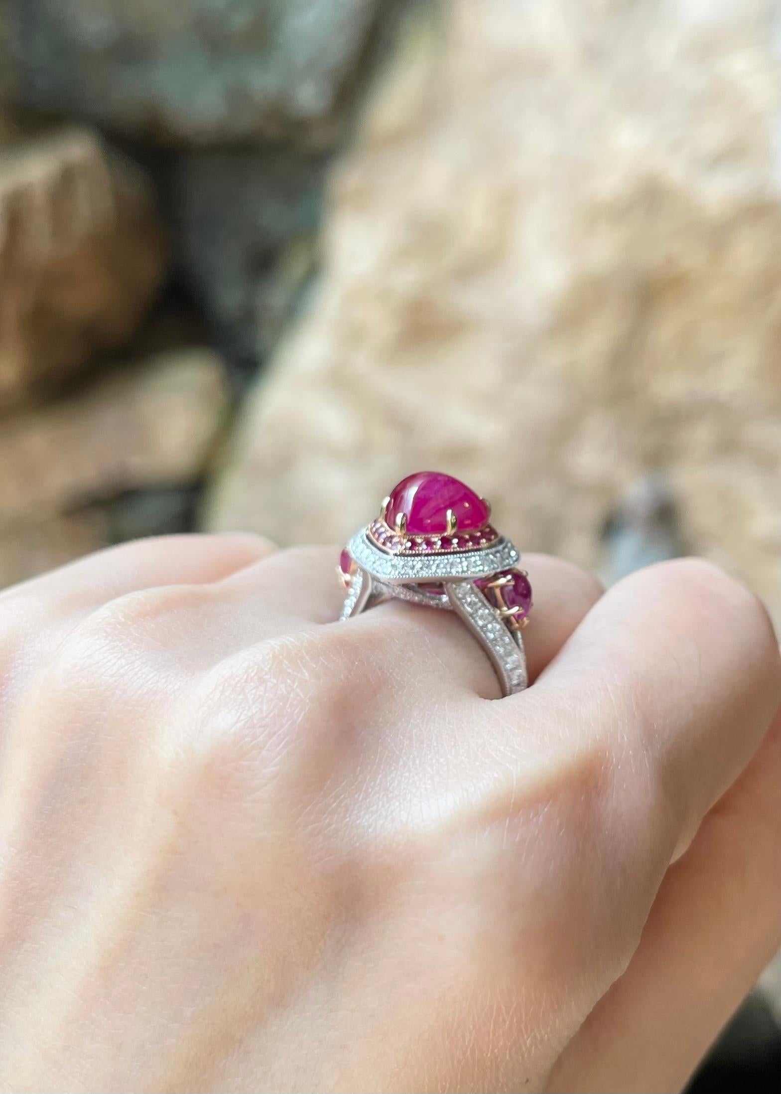 Women's Cabochon Ruby, Ruby and Diamond Heart Ring set in 18K White/Rose Gold Settings For Sale