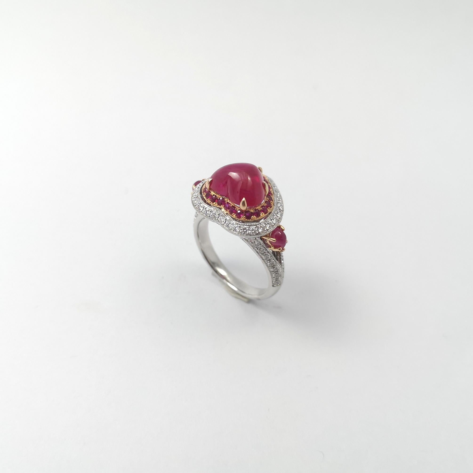 Cabochon Ruby, Ruby and Diamond Heart Ring set in 18K White/Rose Gold Settings For Sale 2